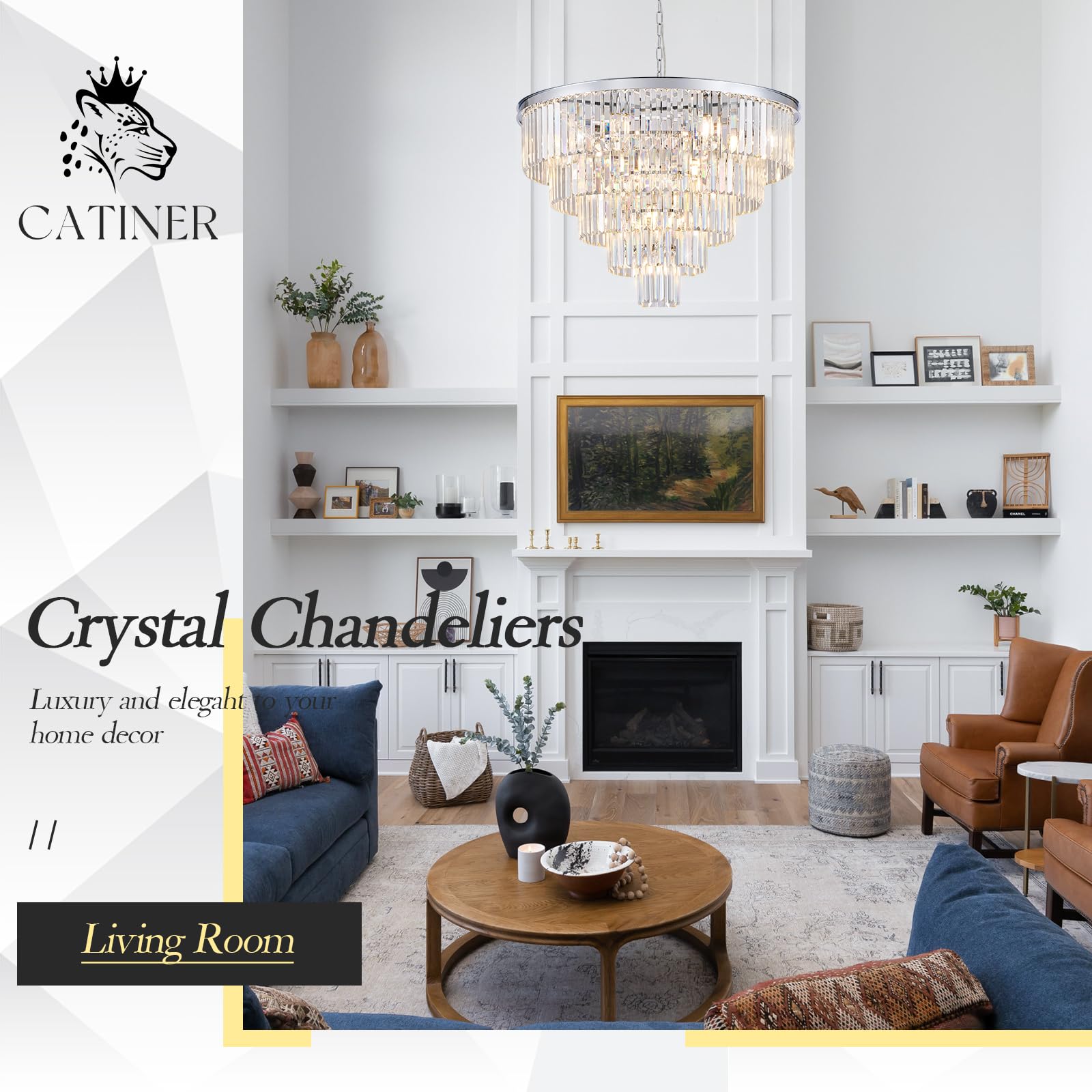 CATINER Large Chrome Crystal Chandelier, 30” 5-Tier 16 Lights Pendant Lighting for Living Room, Dining Room, Foyer, Model 91-750C