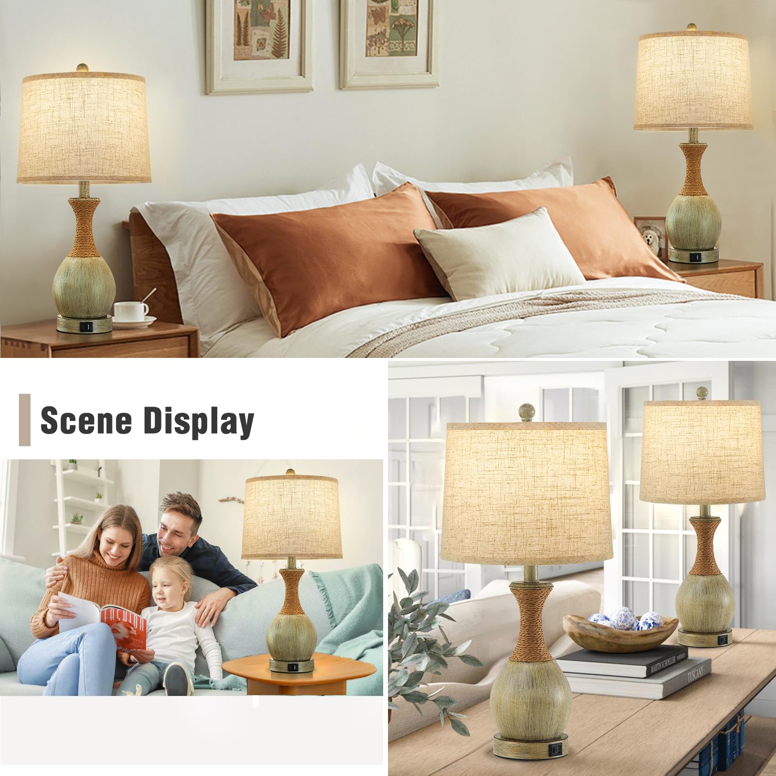 EJIAXIN Table Lamp Set of 2 - Boho Rattan Design, 3 Color Temperatures, USB Charging, Gray - Ideal for Bedroom and Living Room