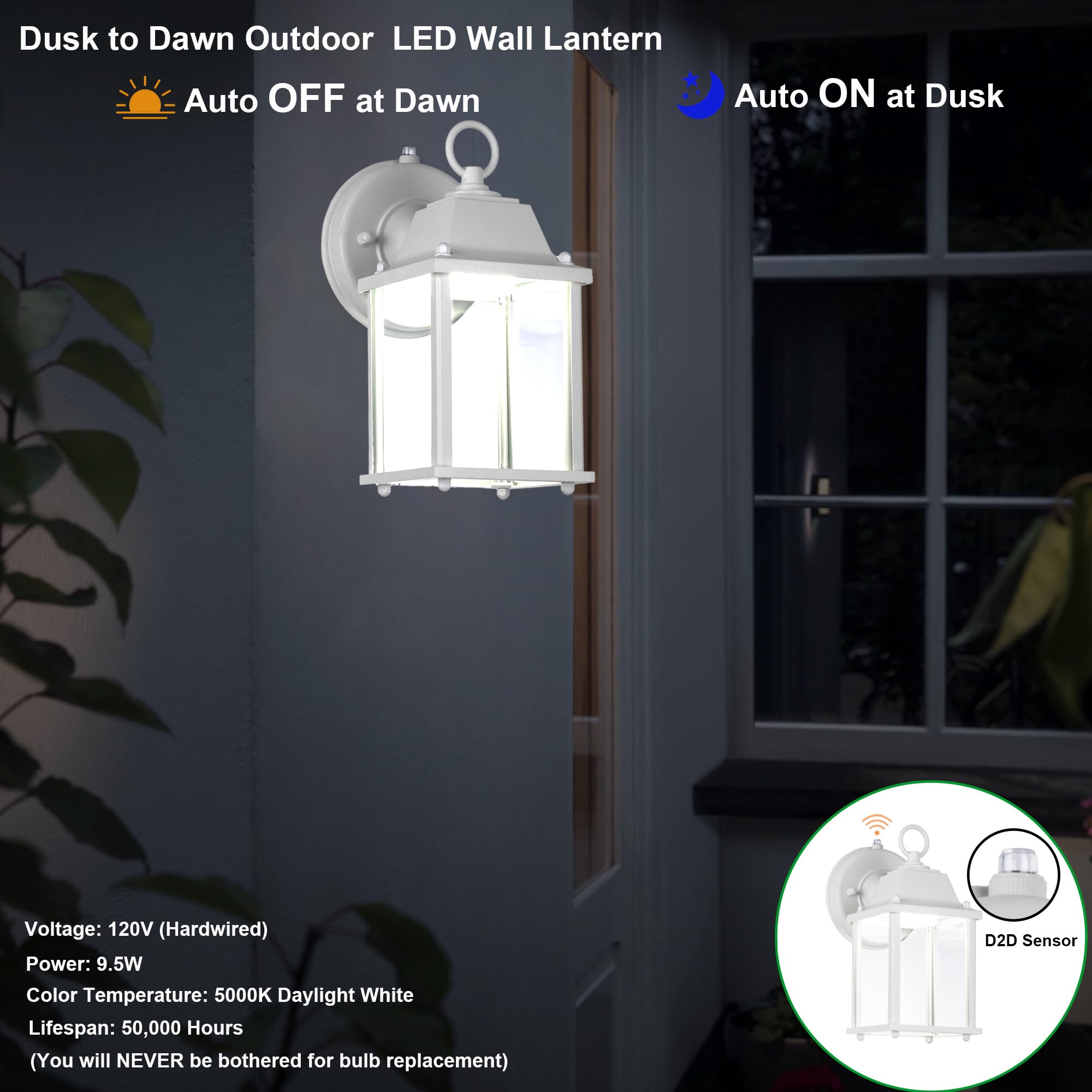 LIT-PaTH Outdoor LED Wall Lantern, 5000K White, Aluminum, Dusk to Dawn, 800 Lumen, 1-Pack, Model LT-WL001P50K-W