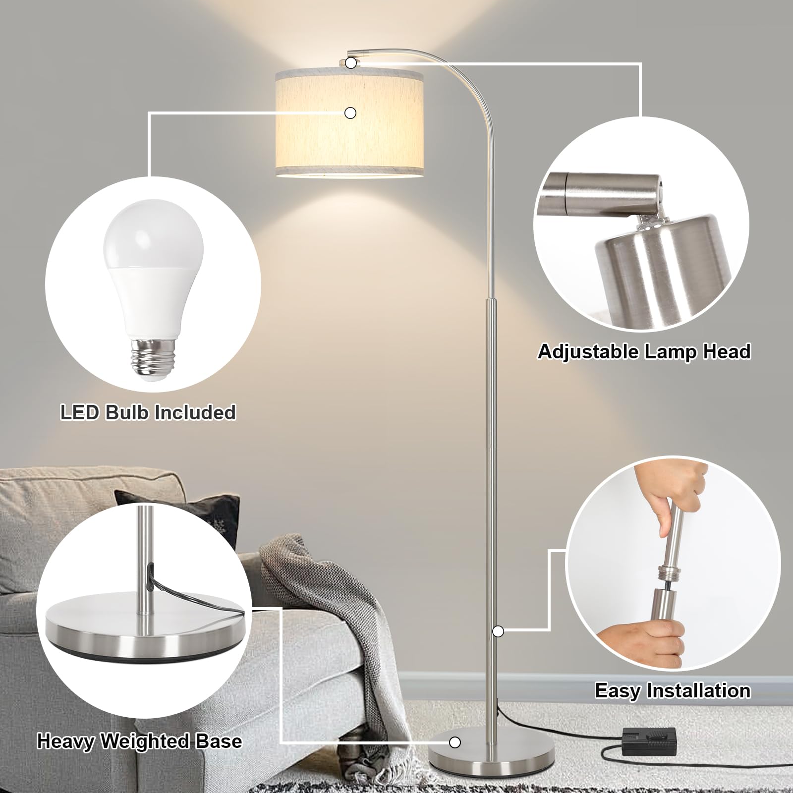 Boncoo Dimmable Arc Floor Lamp with Adjustable Drum Shade, 9W 3000K LED Bulb, Silver Finish, Model FL-SR