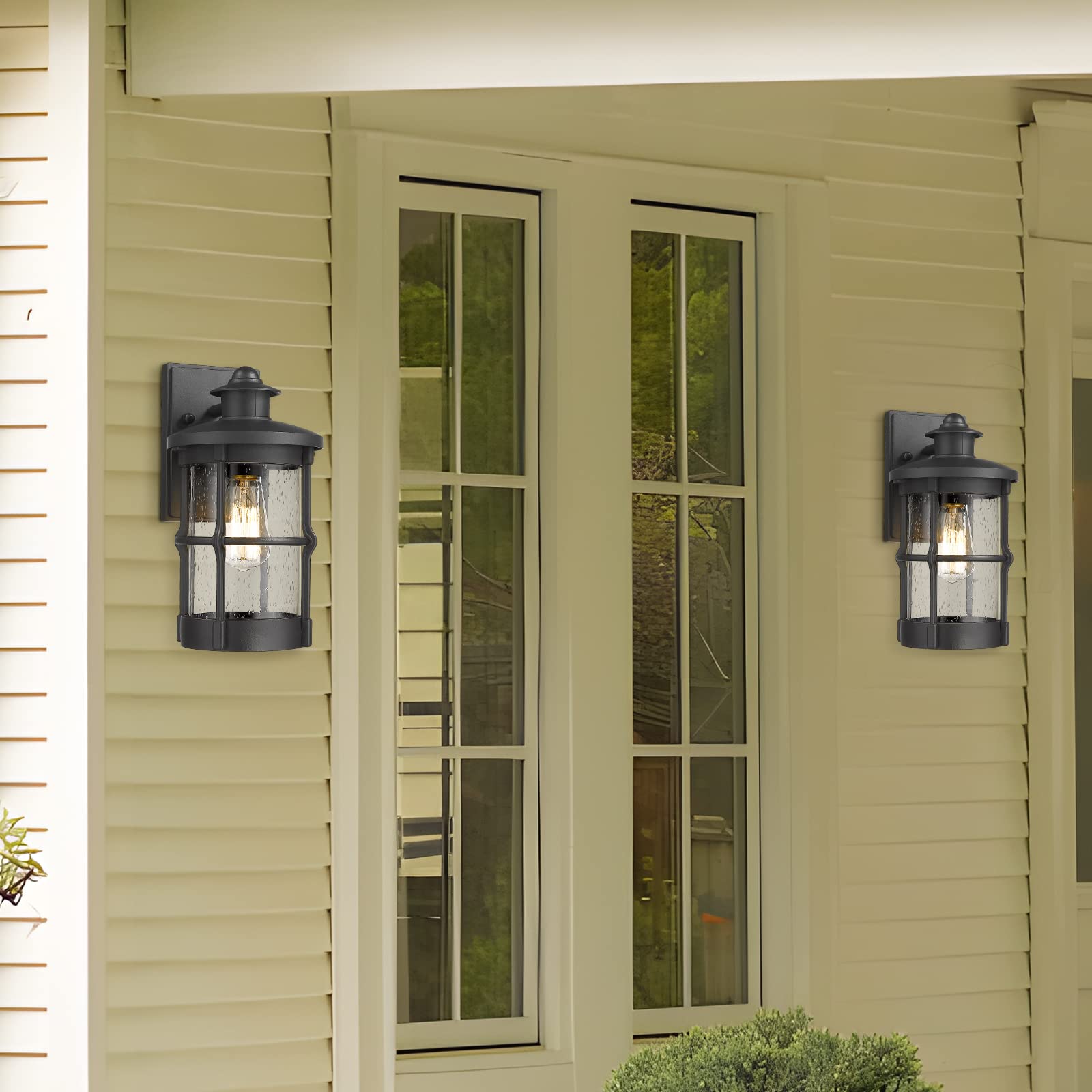 Rosient Outdoor Wall Sconces - Exterior Wall Mount Lighting Fixture In Black Finish With Seeded Glass (2 Pack)