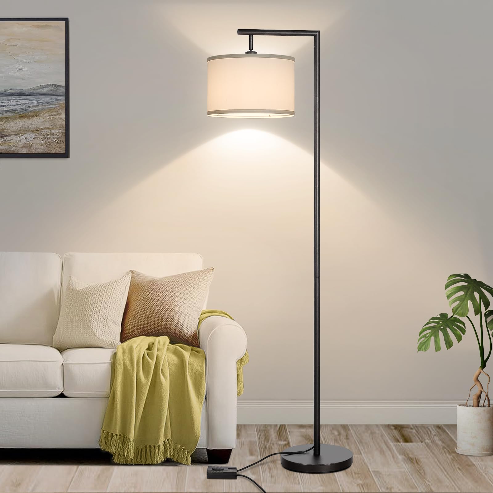 Boncoo Dimmable Black Floor Lamp, Modern Adjustable Drum Shade, Tall Reading Light for Living Room, Bedroom, Office, Model 13046