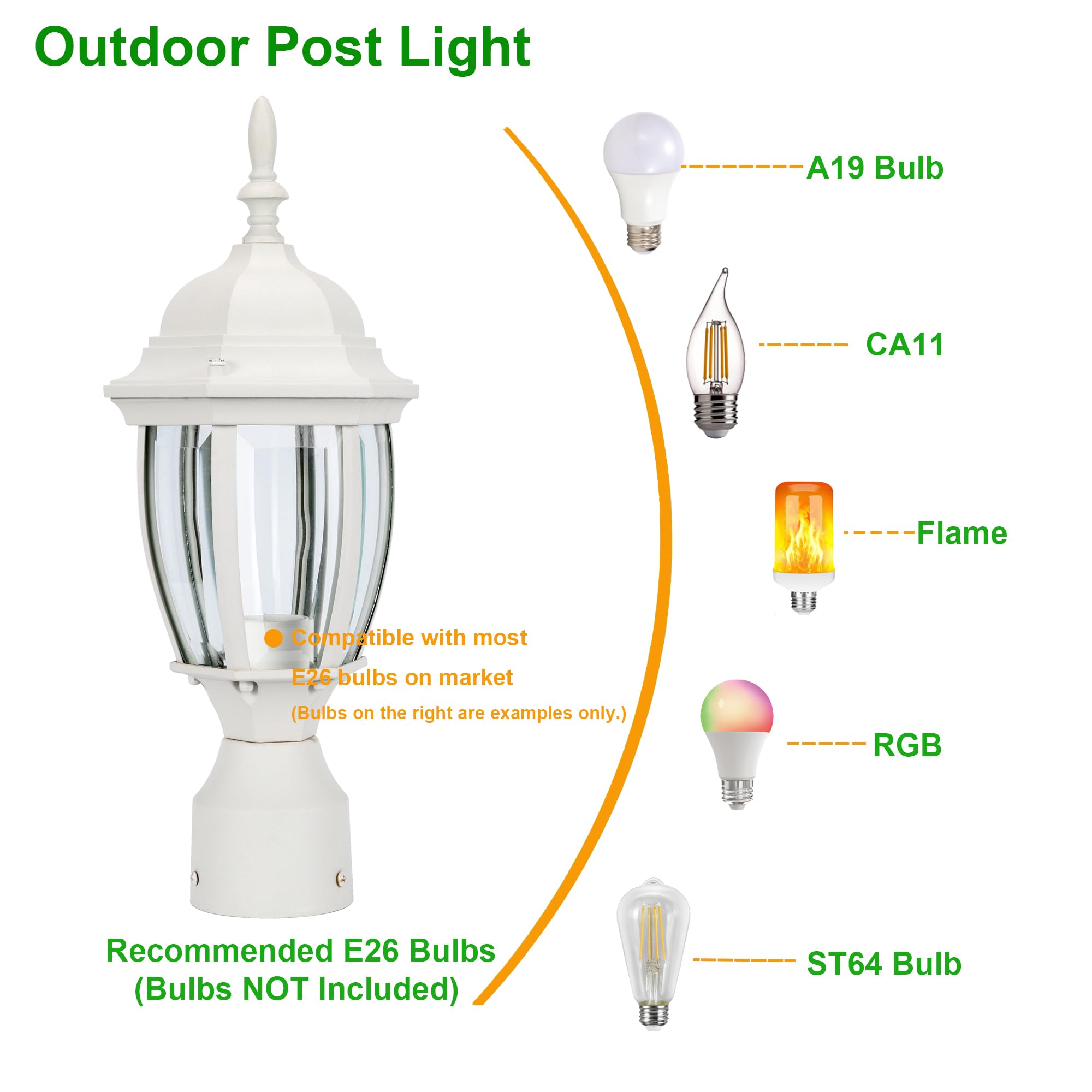 LIT-PaTH Outdoor Post Light Lantern Fixture, Aluminum, E26 Base Max 60W, Matte White Finish, Model LT-PL001, 1-Pack