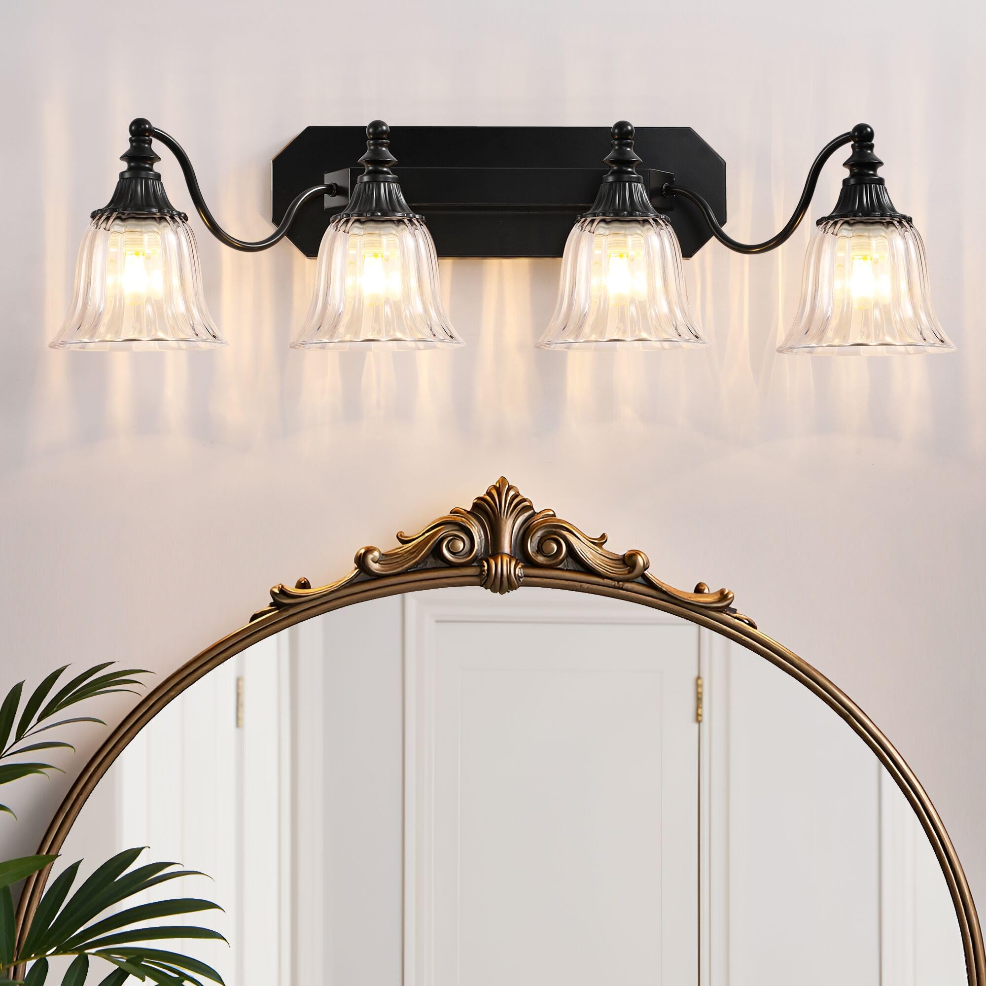 Dvmteom Black Vintage Bathroom Vanity Light Fixture  4-Light Vanity Light For Bathroom  Antique Matte Black Finish With Crystal Glass Shade  Lighting Fixtures Over Mirror For Bedroom Living Room