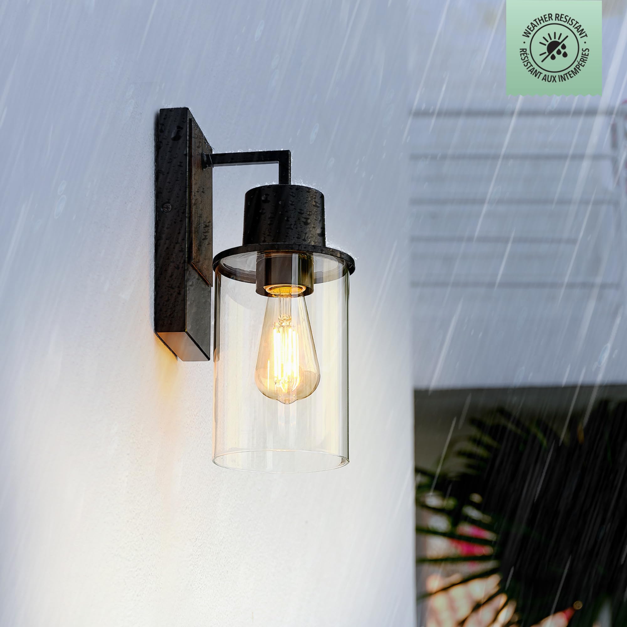 Globe Electric 60000025 1-Light Outdoor Wall Sconce, Matte Black, Faux Wood Accent, Clear Glass Shade, E26 Bulb, Outdoor Lightin