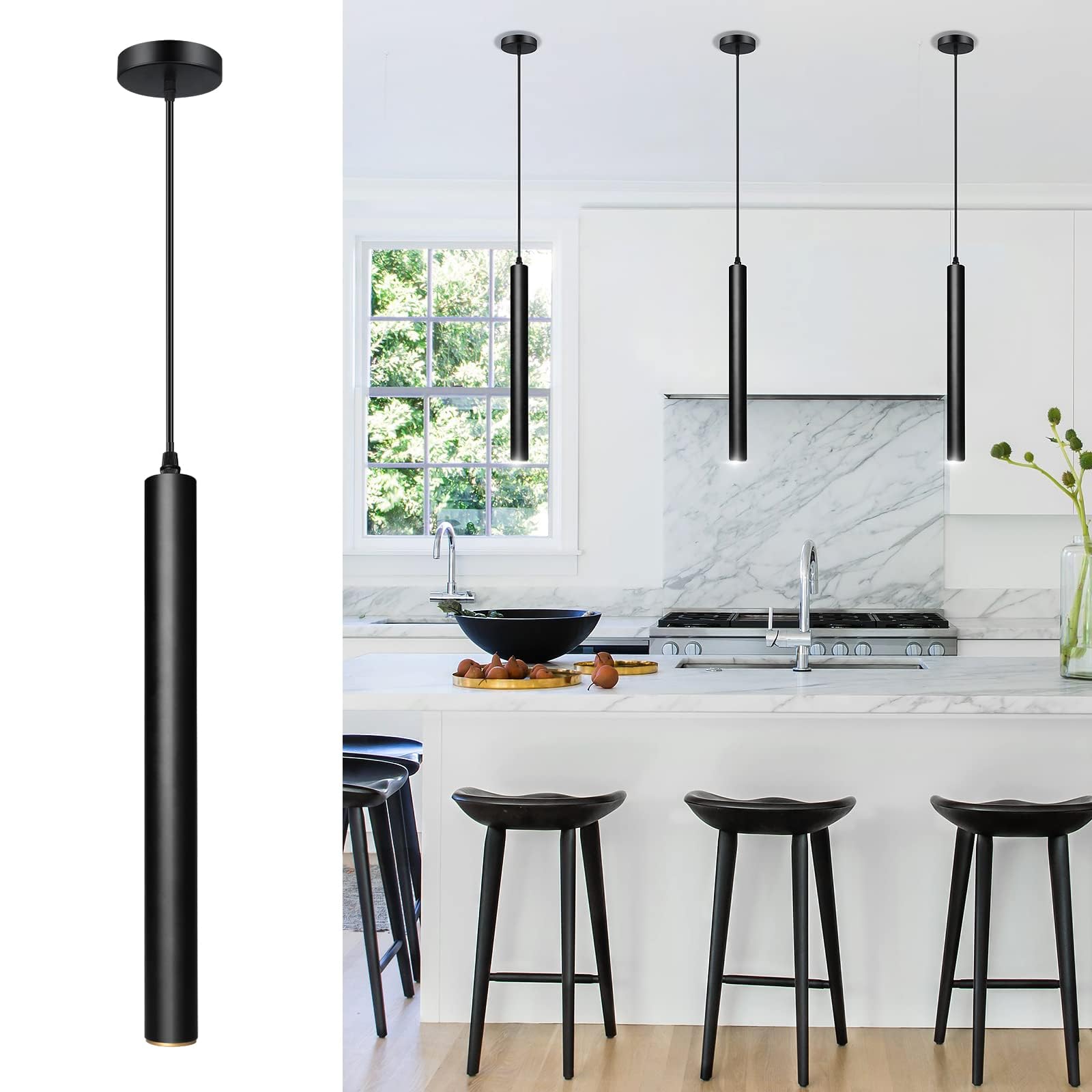 OKELI Black Modern Pendant Light, LED Minimalist Pendant Lighting Fixture, Strip Pendant Lights for Kitchen Island,Bar,15inch,40