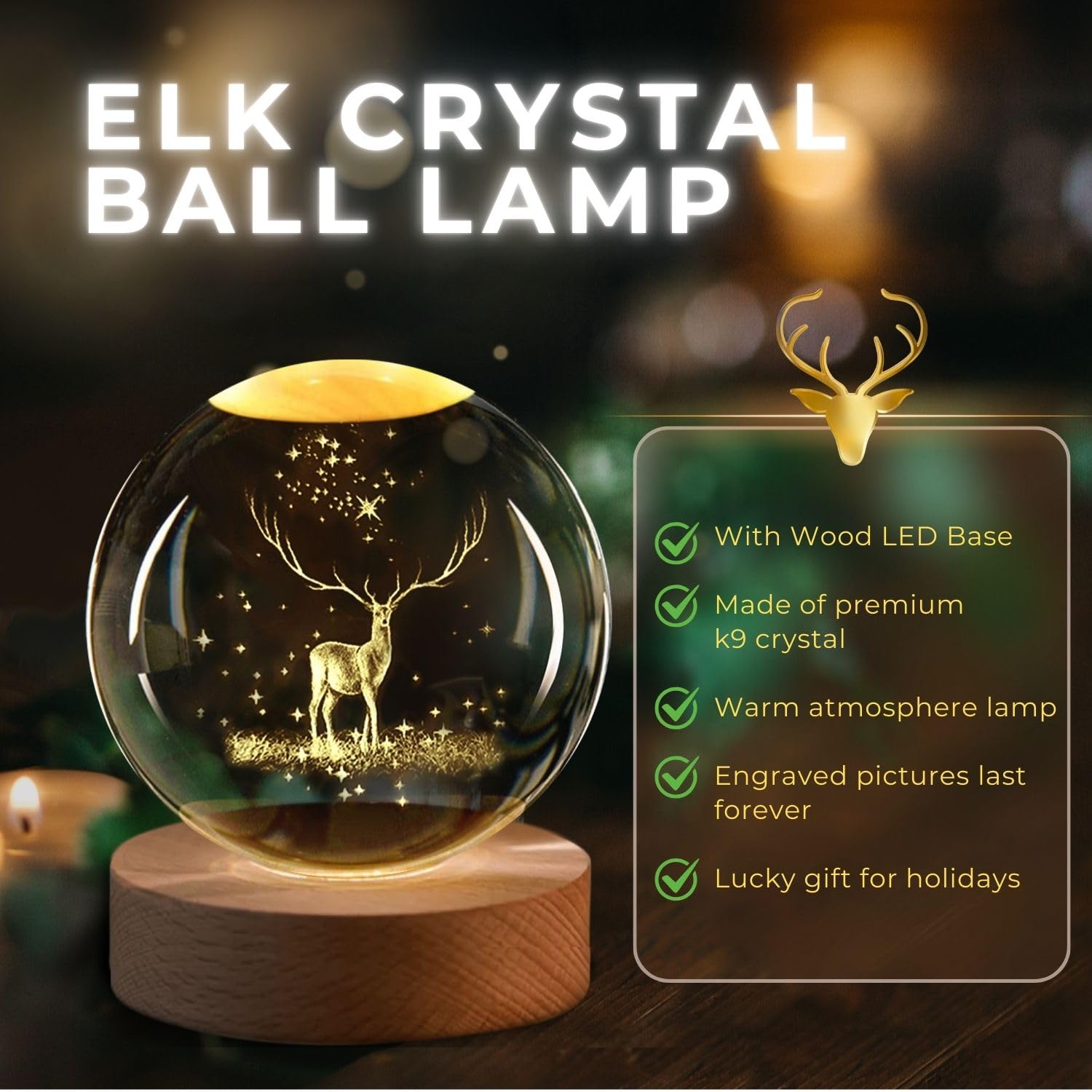 Flexzion 3D Elk Crystal Ball Night Light - Led Light Hologram Glass Lamp With Solid Wood Base, Usb Powered Crystal Ball Lamp Wit