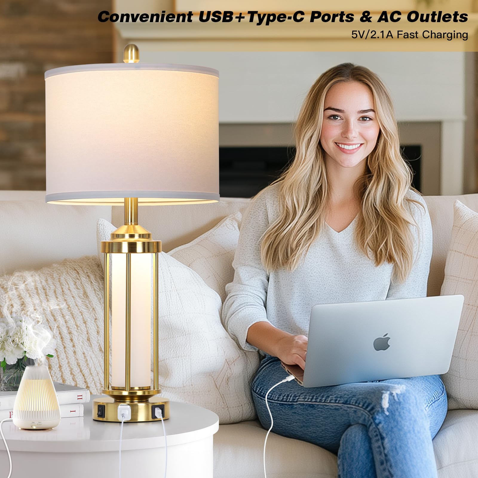 Rinweey Modern Table Lamps, Gold 27'' Industrial Table Lamp Set Of 2 With Usb A+C Charging Ports & Ac Outlet, Farmhouse Rustic B