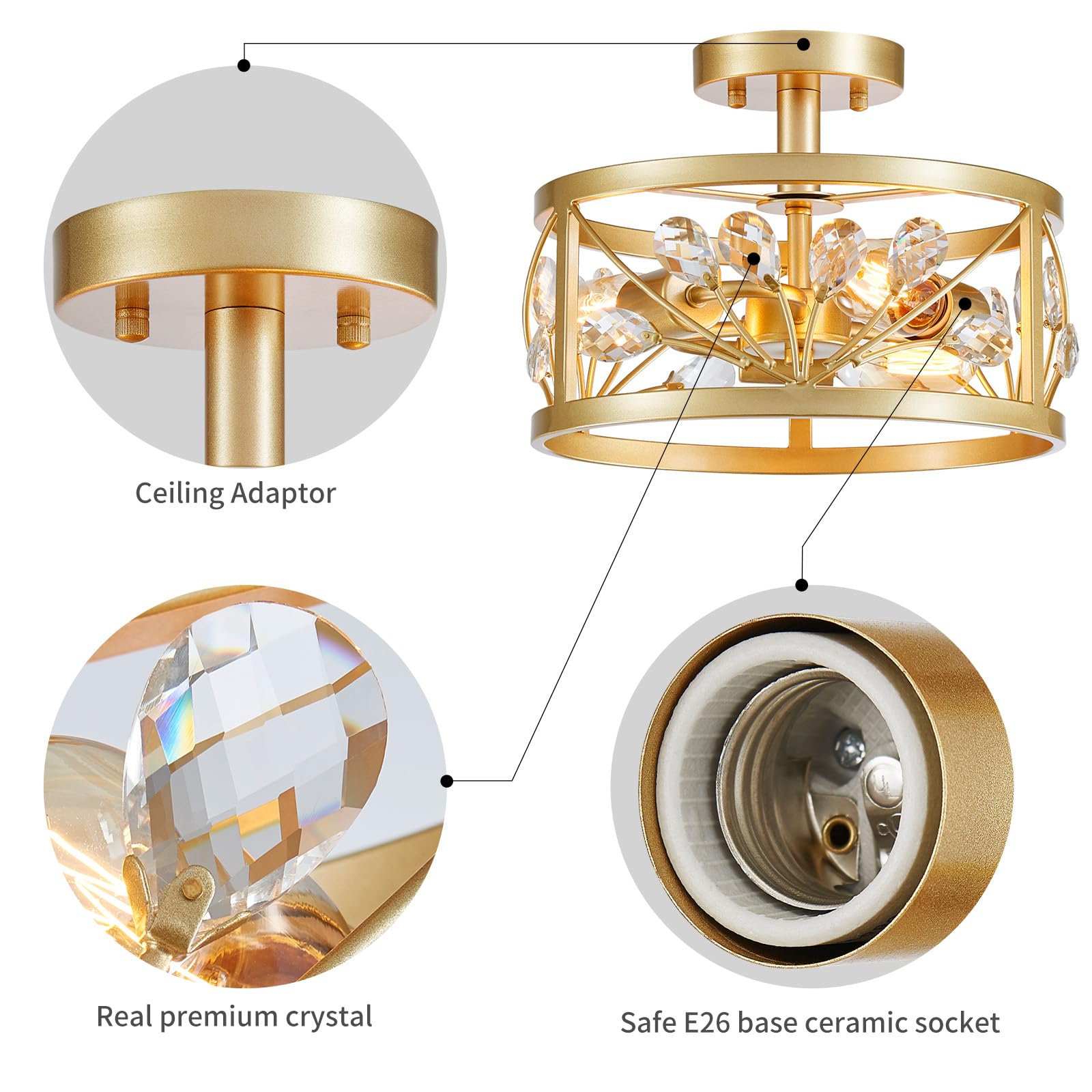Wuzups Crystal Leaf Chandelier 3-Light Vintage Farmhouse Industrial Semi-Flush Mount Ceiling Light Modern Lighting Fixture For F