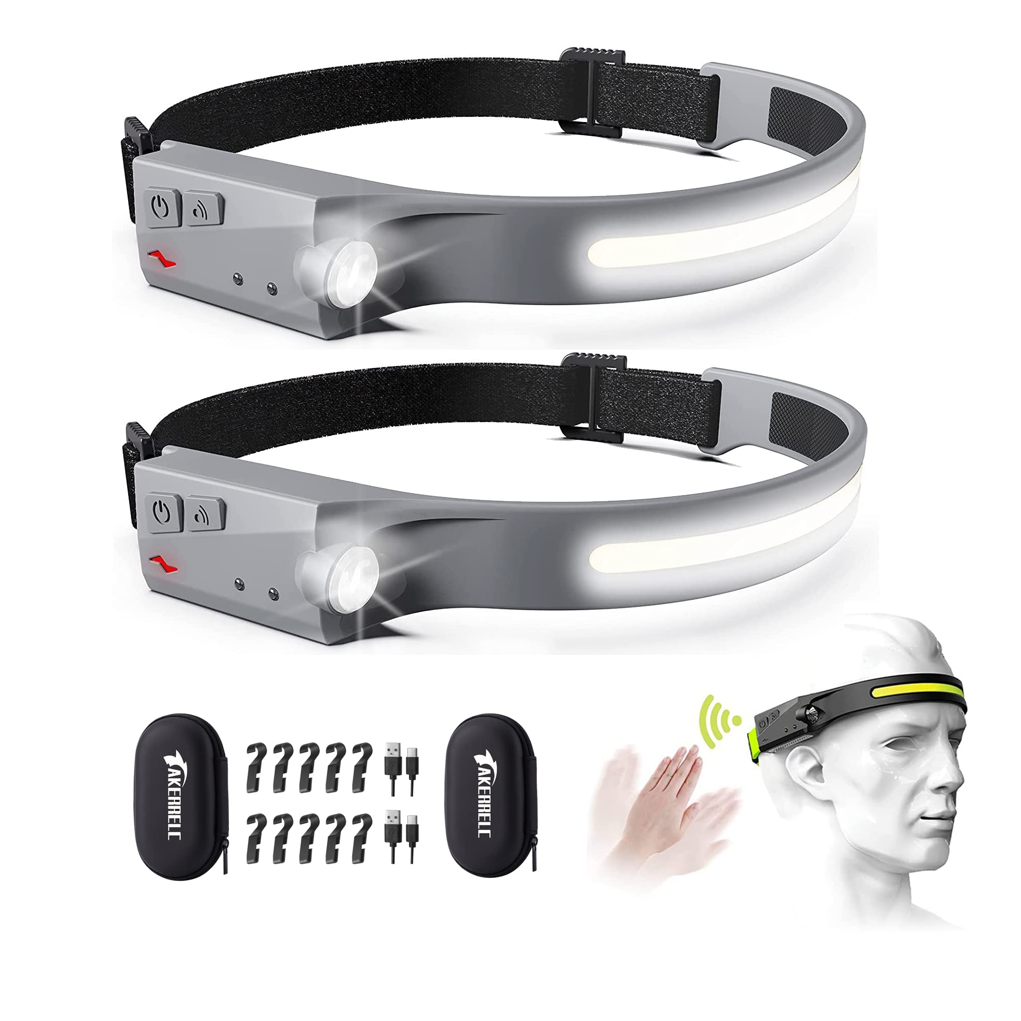 akerrelc Rechargeable Headlamps 1200 Lumens 12 Hours Battery Life Grey 2PCS Silicone Rubber Model LX200