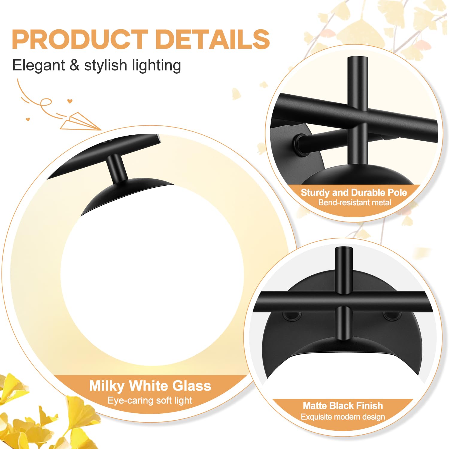 3-Light Bathroom Light Fixtures  Matte Black Vanity Lights For Bathroom With Milky White Glass Ball Shade  18.9 Inch Bathroom Lighting Fixtures Over Mirror  Wall Sconce For Bedroom (Bulb Not Included)