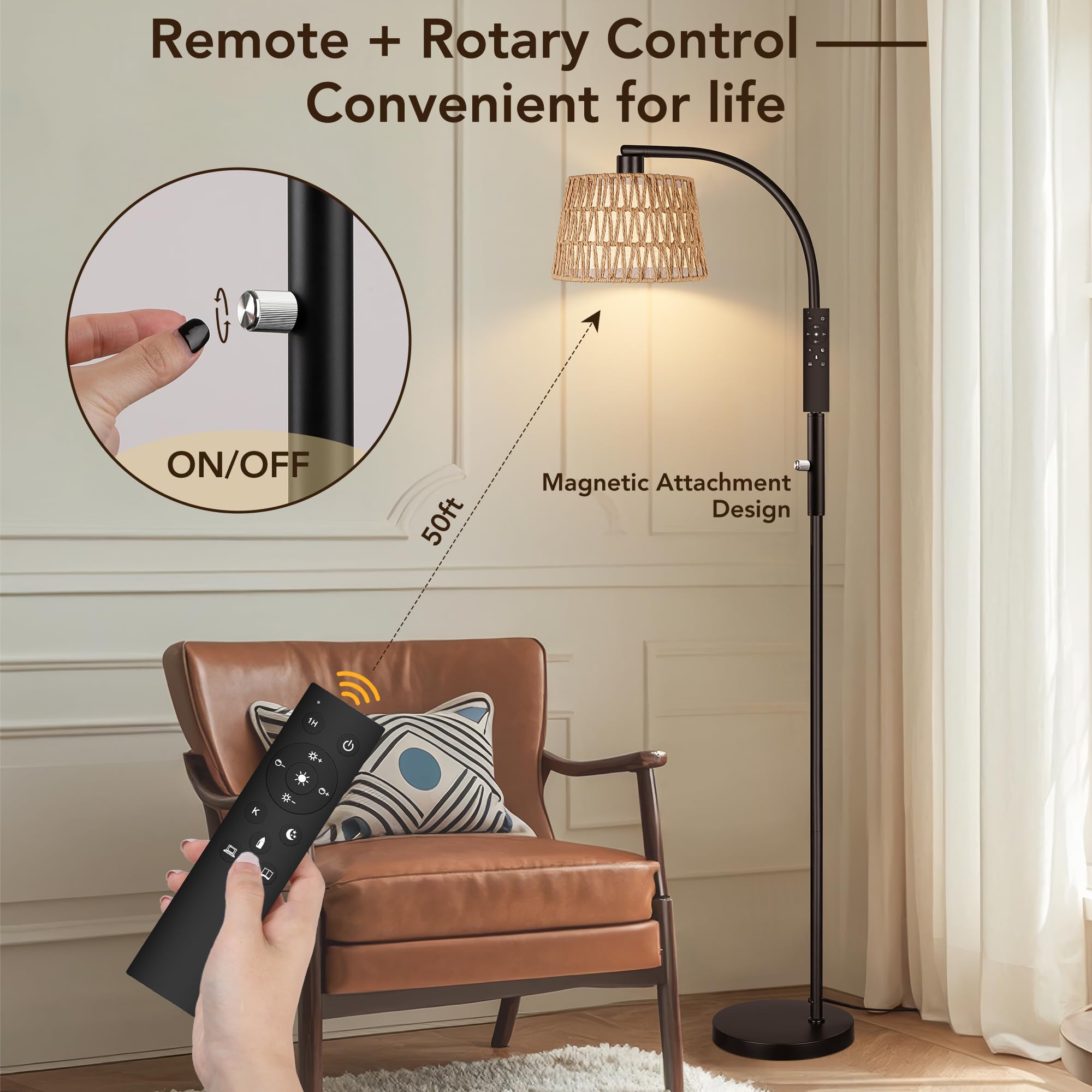 Rottogoon Arc Rattan Floor Lamps For Living Room With 3 Color Temperatures, Boho Floor Lamps With Remote & Dimmable Bulbs, Bohem