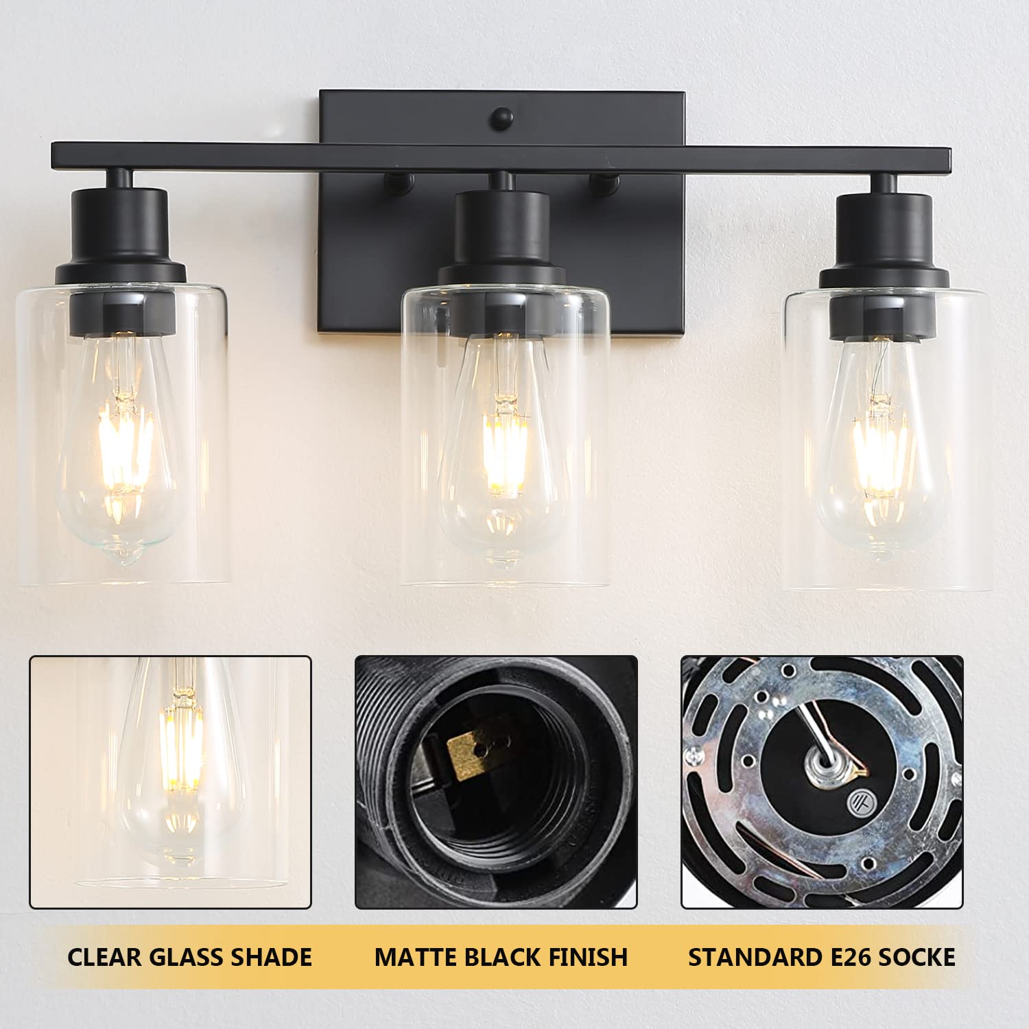 Emong 3-Lights Bathroom Light Fixtures, Matte Black Vanity Light With Glass Shade, Modern Wall Sconces Lighting For Bathroom,Mir