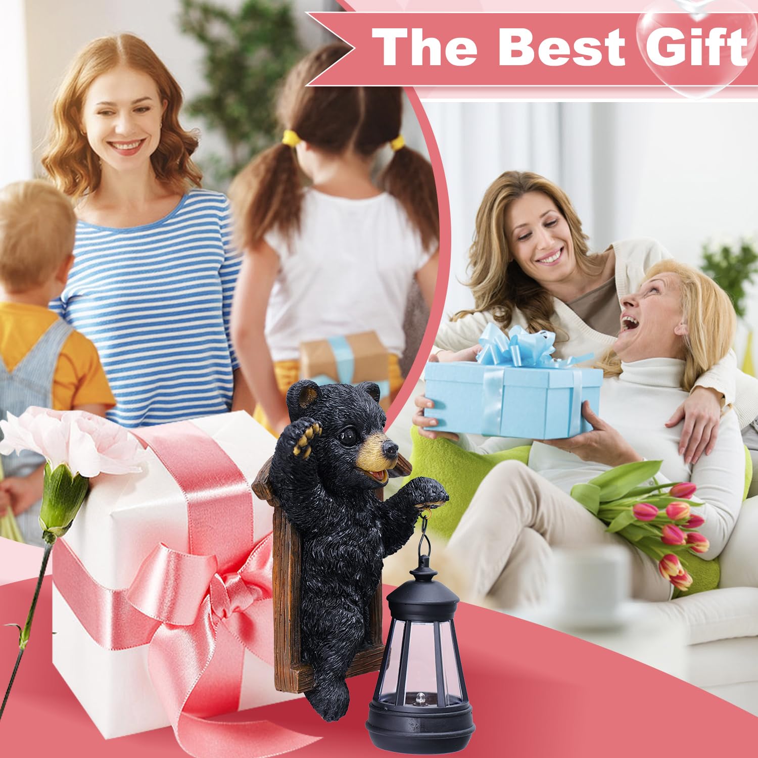 Black Bear Decor With Solar Lantern Tree Hugger - 7 Inch Bear Statue Outdoor Garden Yard Decor,Best Bear Garden Gifts For Mom,Wo