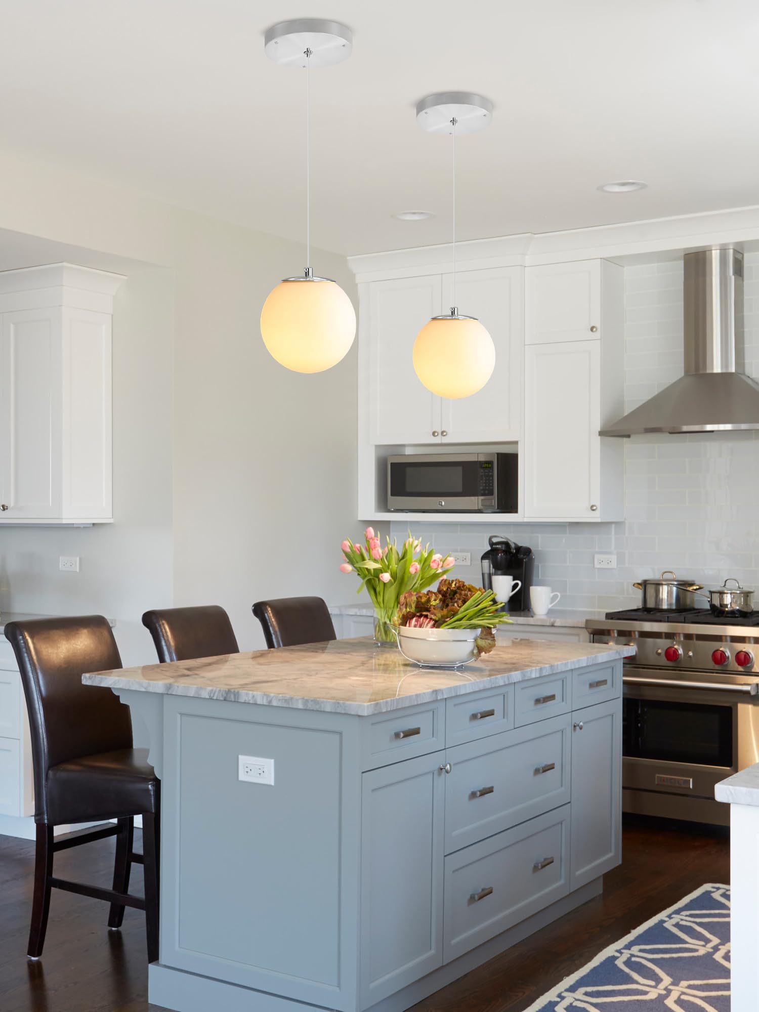 Ykolupty 1-Light Modern Pendant Light Fixtures Silver Chandelier With White Globe Glass Dimmable Ceiling Light Glass Pendant Lig