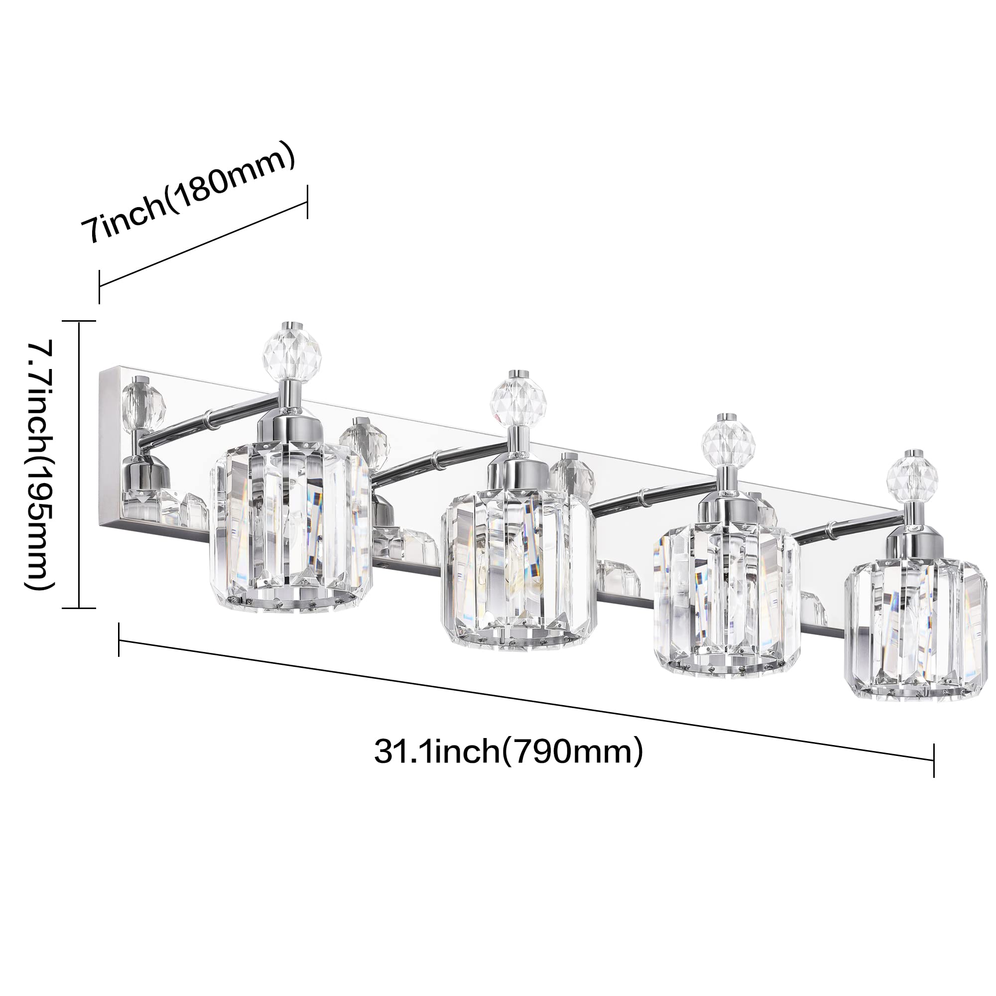 PRESDE Modern Crystal Bathroom Vanity Light 4-Light Chrome Stainless Steel Wall Fixture