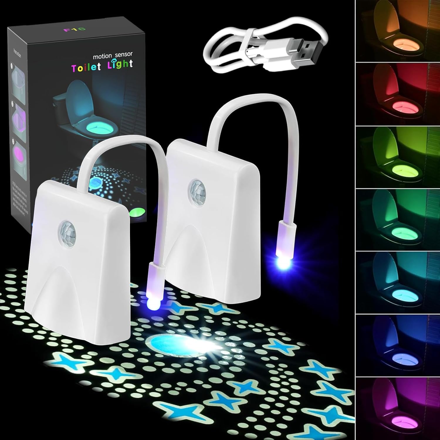 Toilet Light Motion Sensor  16 Colors Changing Rechargable Led Night Light With Star Projection Light  Toilet Bowl Night Light For Bathroom  Funny Gift For Family And Friends (2)