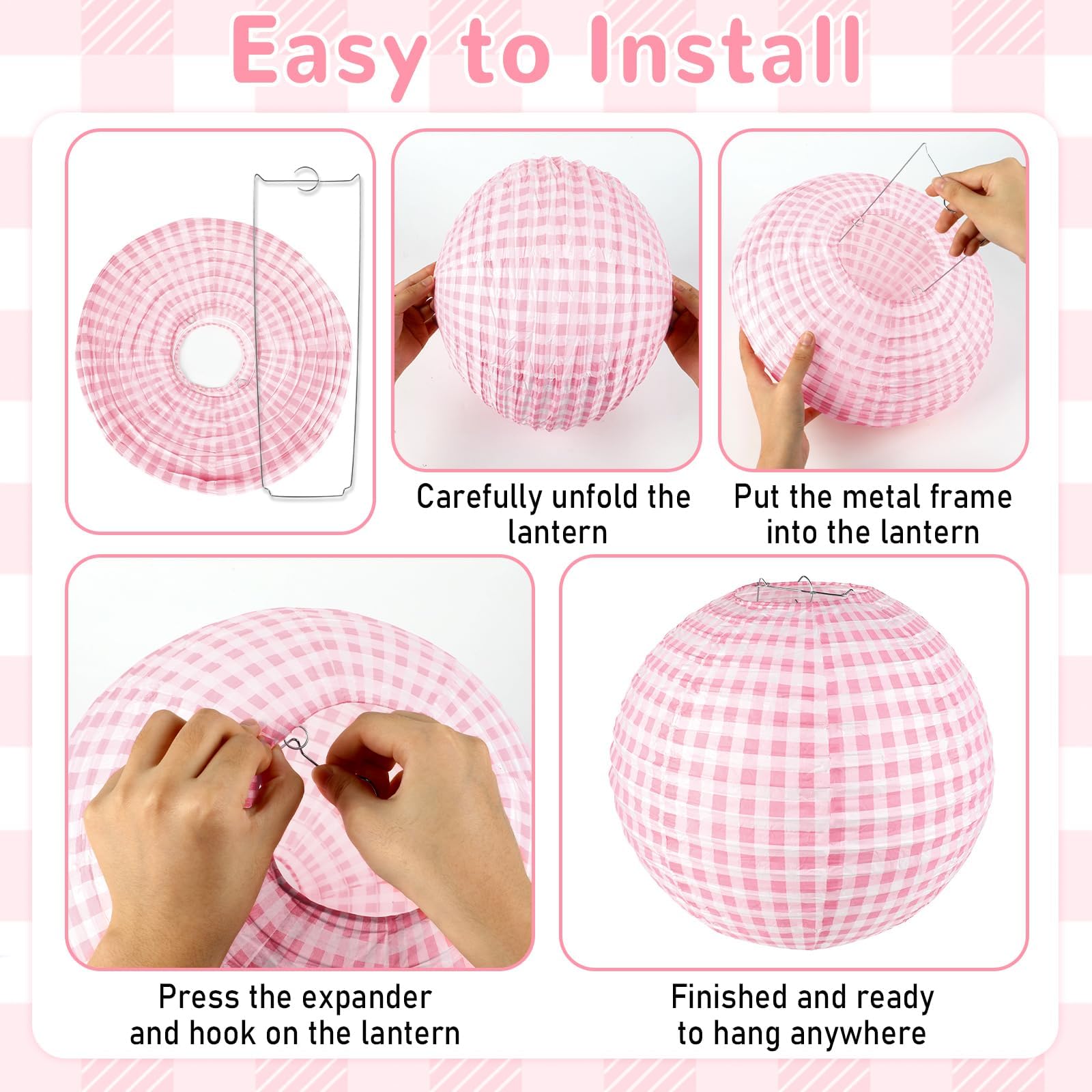 6Pcs Pink Gingham Party Decoration Pink Paper Lanterns Pink And White Checkered Plaid Hanging Lanterns For Wedding Birthday Part