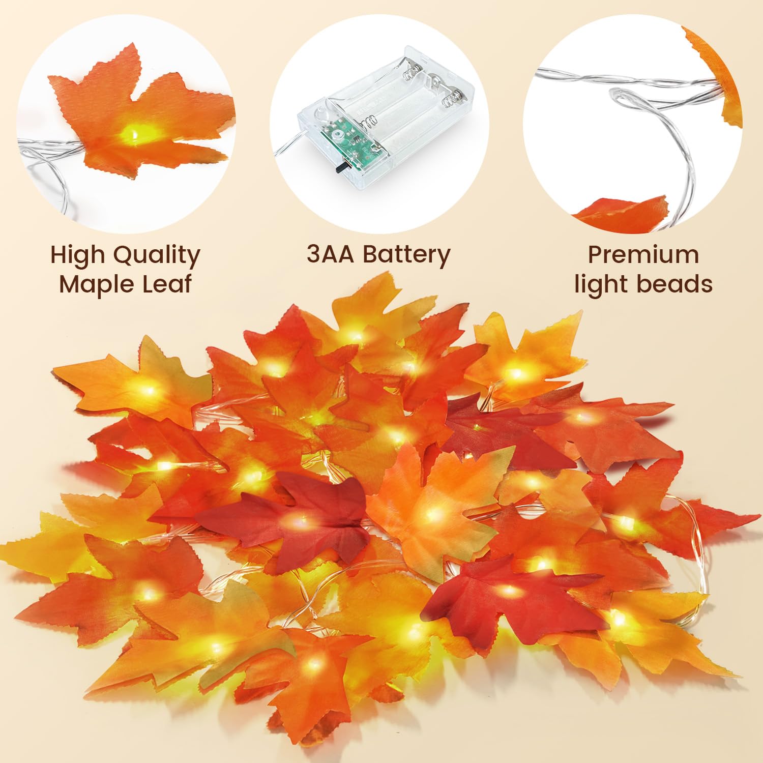 Moocii Fall String Lights - 20ft Maple Leaf Garland, 40 LED Orange Bulbs, Battery Operated Decor for Thanksgiving & Halloween
