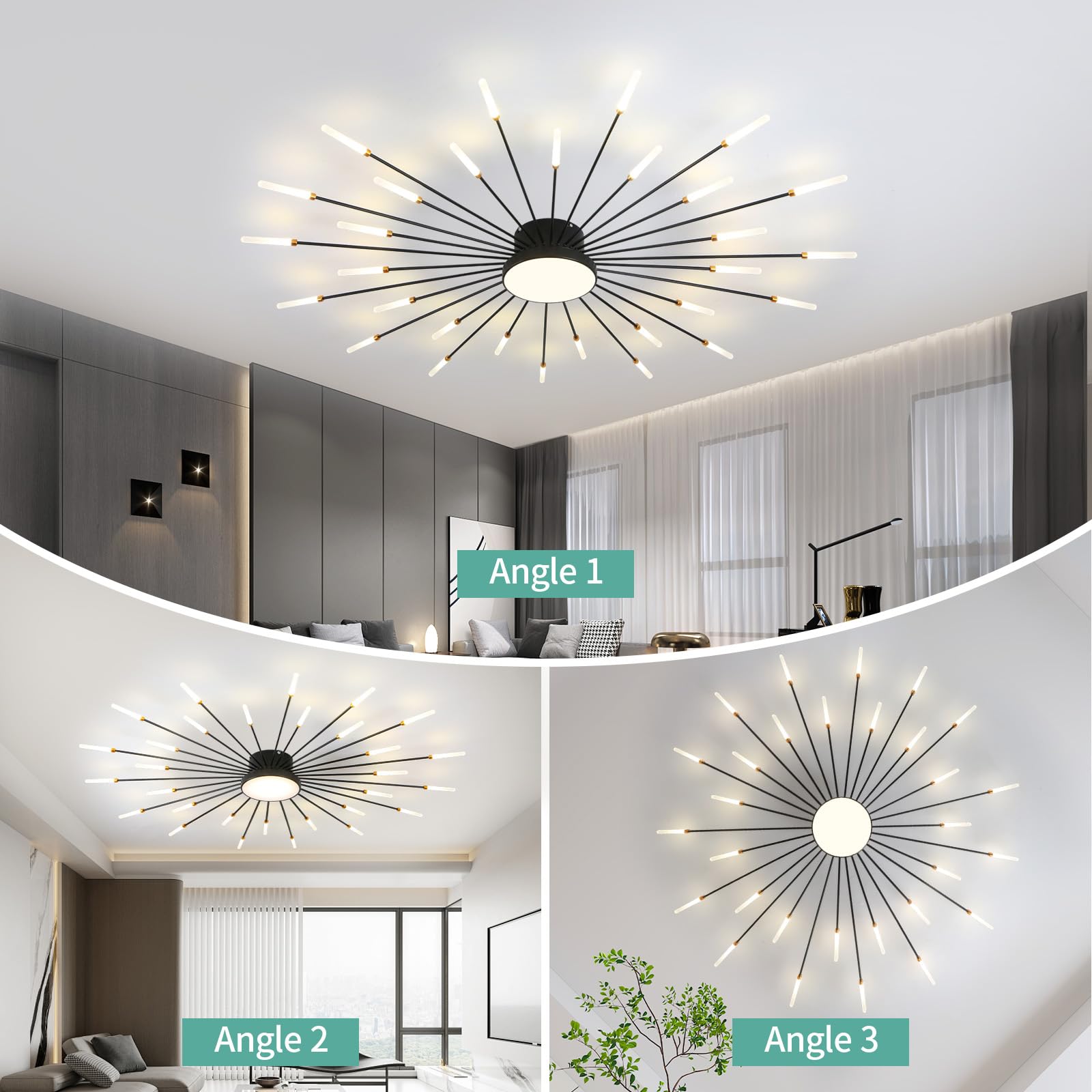 Ziidoo Modern Ceiling Light 30+1 Lights Metal Firework Designed Chic Led Lighting Fixture For Farmhouse Kitchen Dining Room Bedroom Hallway Living Room (Black)