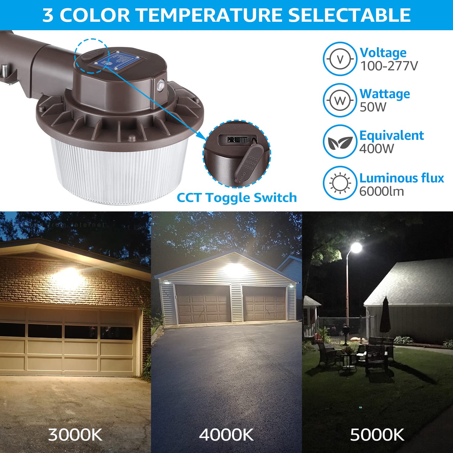 Torchstar 3Cct Led Barn Light, 50W Dusk To Dawn Area Lights With Photocell, 100-277V Outdoor Security Flood Lighting For Garage,