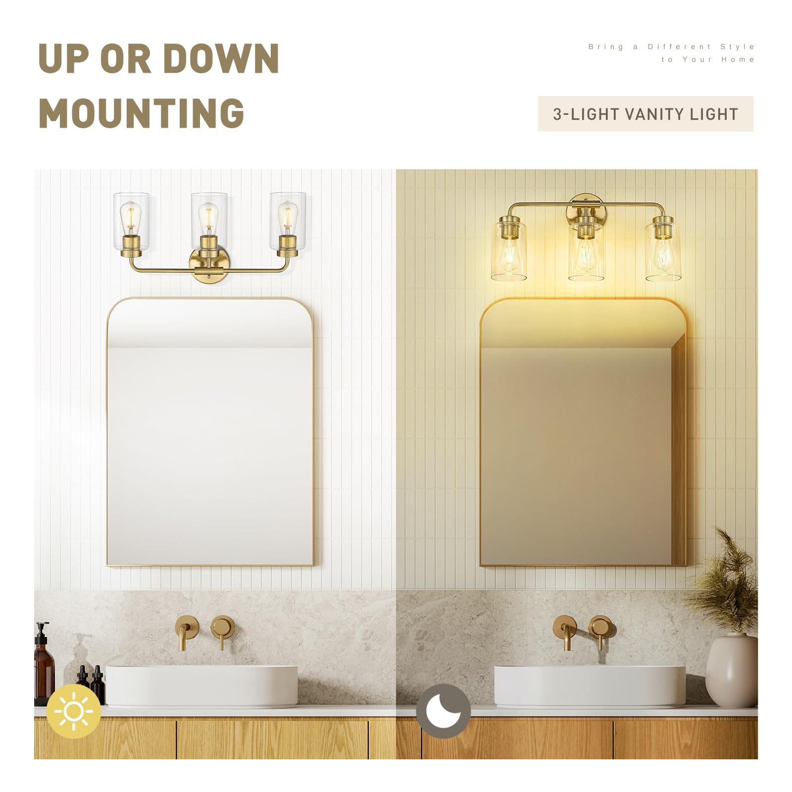 zeyu 3-Light Vanity Lighting Fixture, Modern Metal Over Mirror Light, Brushed Gold, Cylinder Clear Glass Shade, Model ZS62B-3W BG