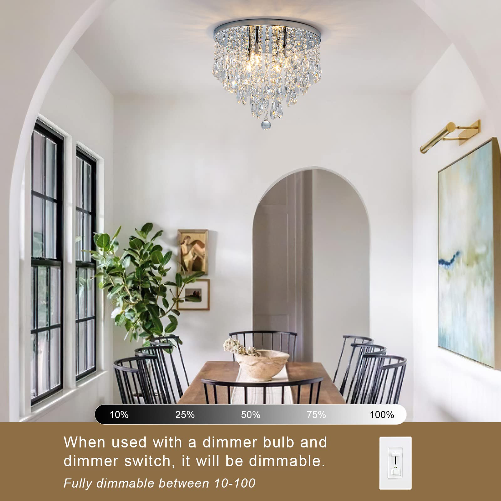 NSRCE 4-Light Crystal Flush Mount Chandelier, 14" Modern Ceiling Lamp, Chrome Finish for Bedroom, Dining Room, Bathroom, Living Room