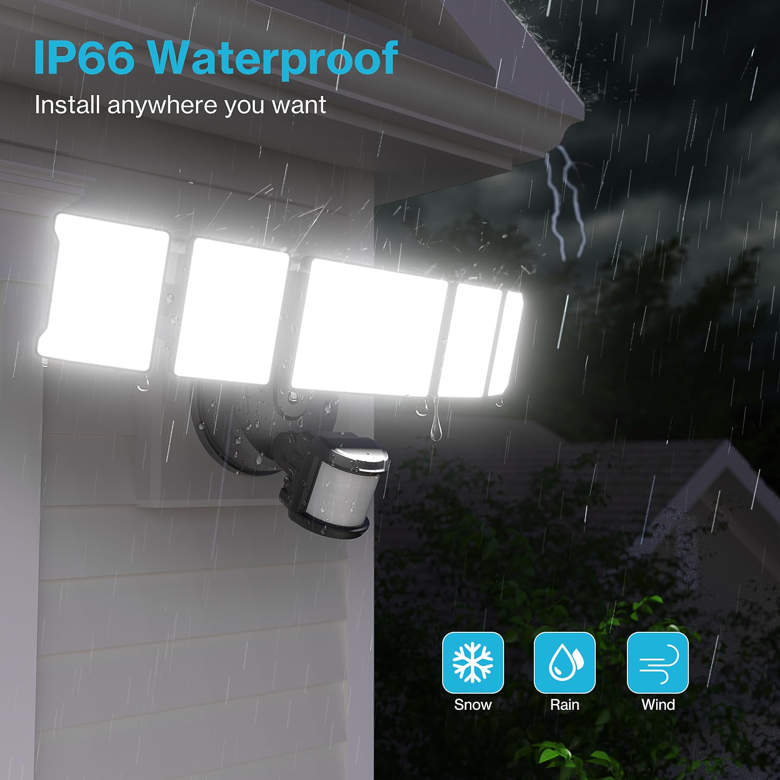 Olafus 100W Motion Sensor Outdoor Flood Lights, 10000LM, 6500K Daylight, IP65 Waterproof, Black, Model 5-LBG100M