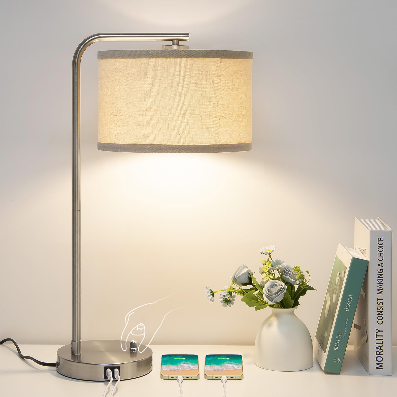 Table Lamp for Living Room, Modern Bedside Lamp with Dual USB Ports, Fully Dimmable Nightstand Lamp with Beige Drum Shade, Silve