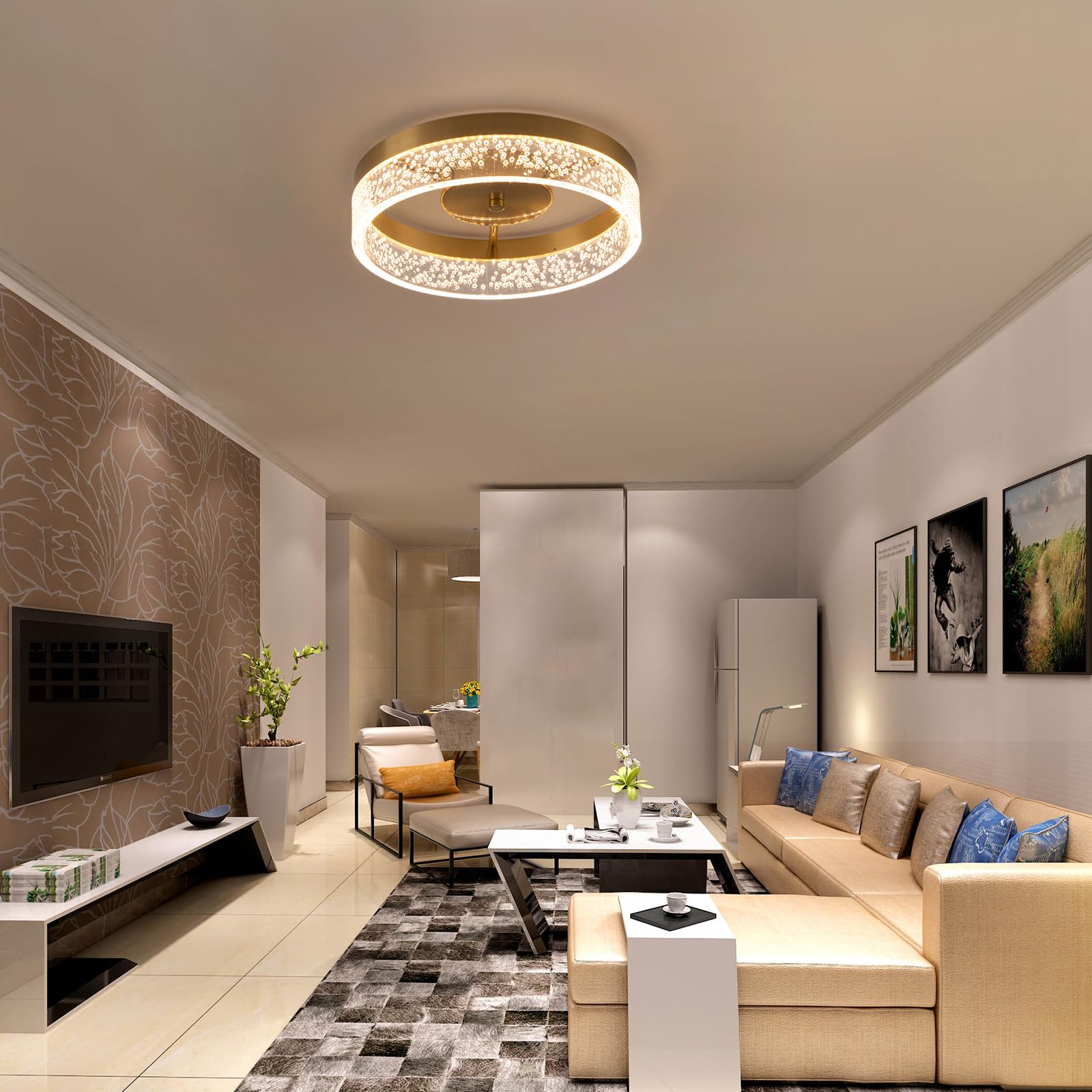 Jaycomey Modern Led Ceiling Light Fixture, 11.65'' Flush Mount Kitchen Lighting Gold With Clear Seeded Acrylic Lampshade,Round C