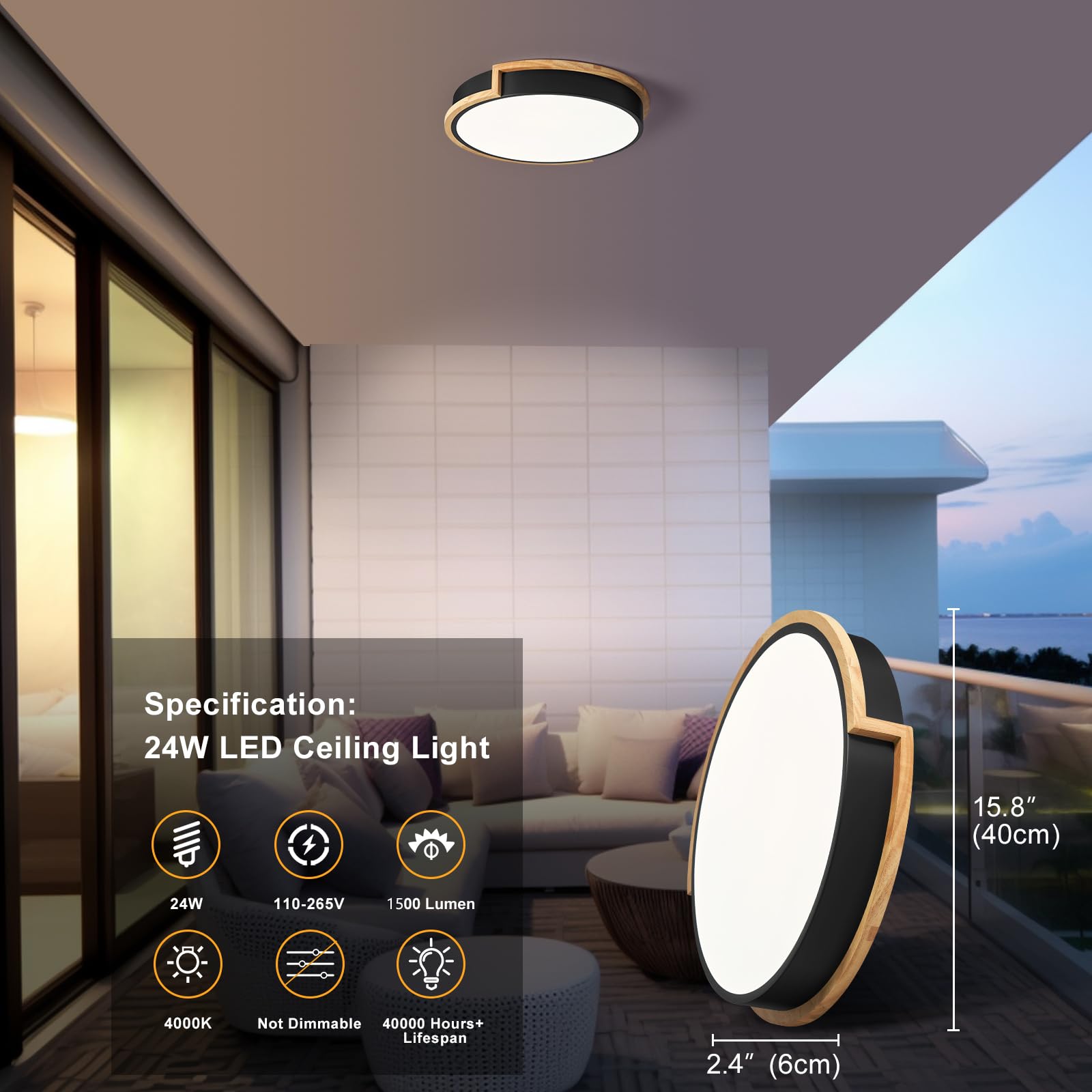 Peblto Modern Led Close To Ceiling Light, Round Flush Mount Ceiling Lighting Fixture, Matte Black With Wood Accent, Minimalist K