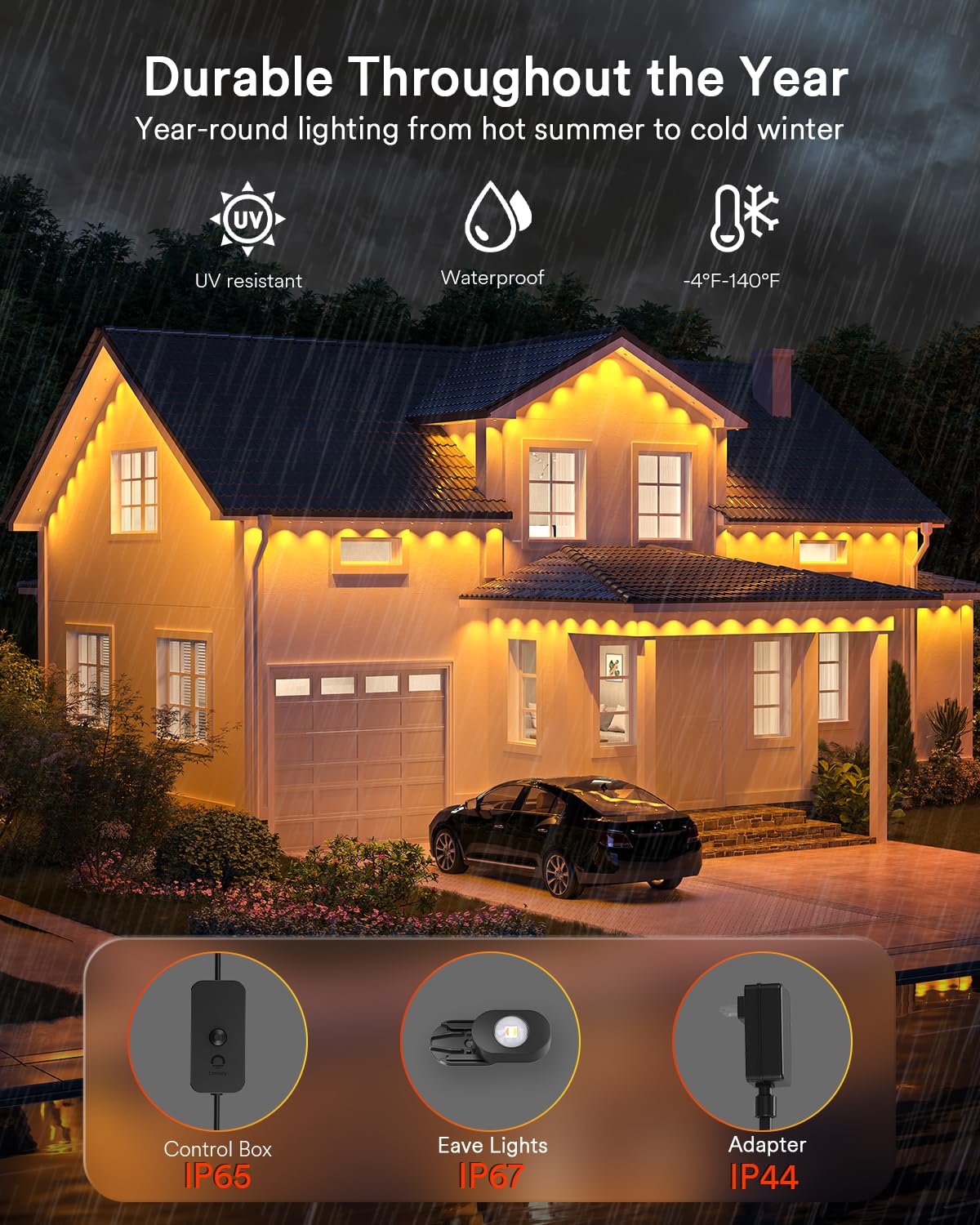 Lumary Smart Outdoor Lights 100ft, 60 RGBAICW LEDs, 3600lm, Remote Control, Black, Gen2-Model L-PO60F2, Perfect for Halloween