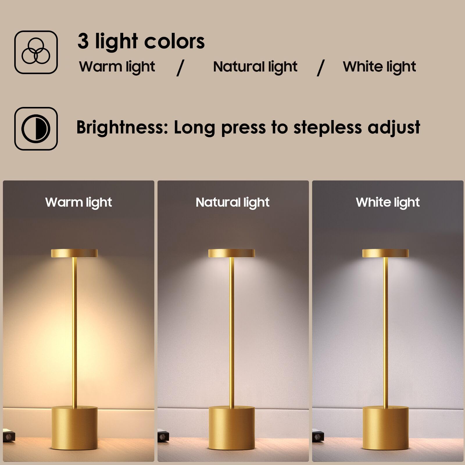 JALVDE Cordless LED Table Lamp, 6000 mAh, 3-Level Light, 13.5 inches, Gold, Model JL-S801, Pack of 2