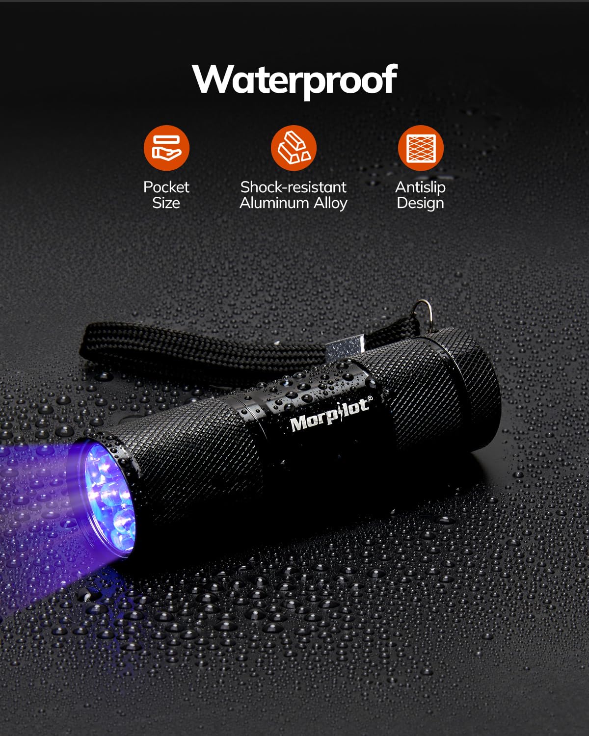 Morpilot Mini UV Flashlight 9 LED 395nm Blacklight Detector for Pet Urine, Dry Stains, Bed Bugs, Aluminum, 1 Pack, Black