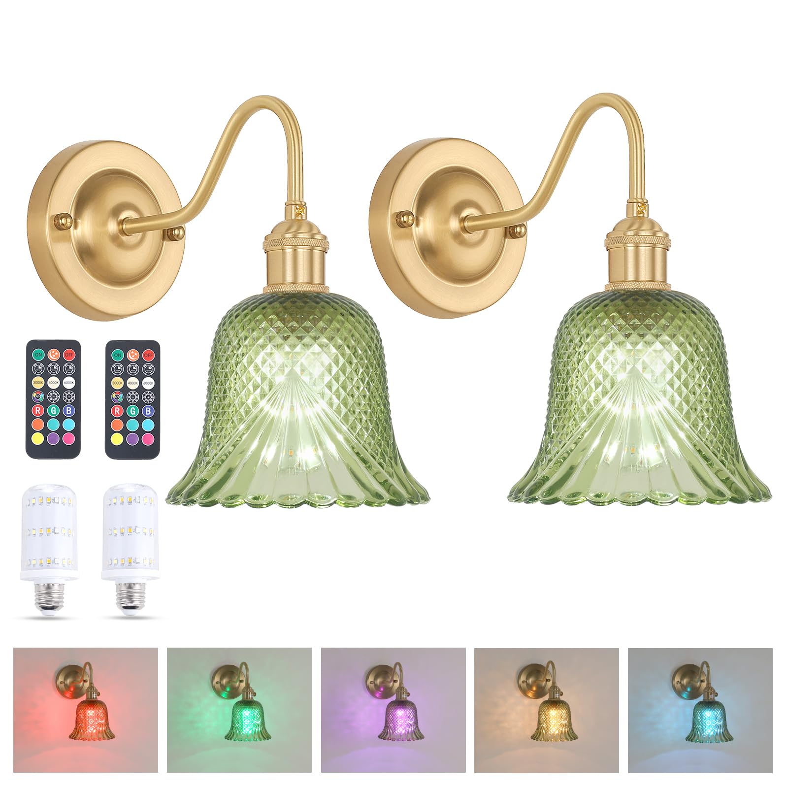 Shenmoyl Wall Sconce Set of 2, Vintage Rechargeable Indoor Lights, Glass Shade, Green Diamond Flower, Battery Operated, Model 1-93751-wlamp