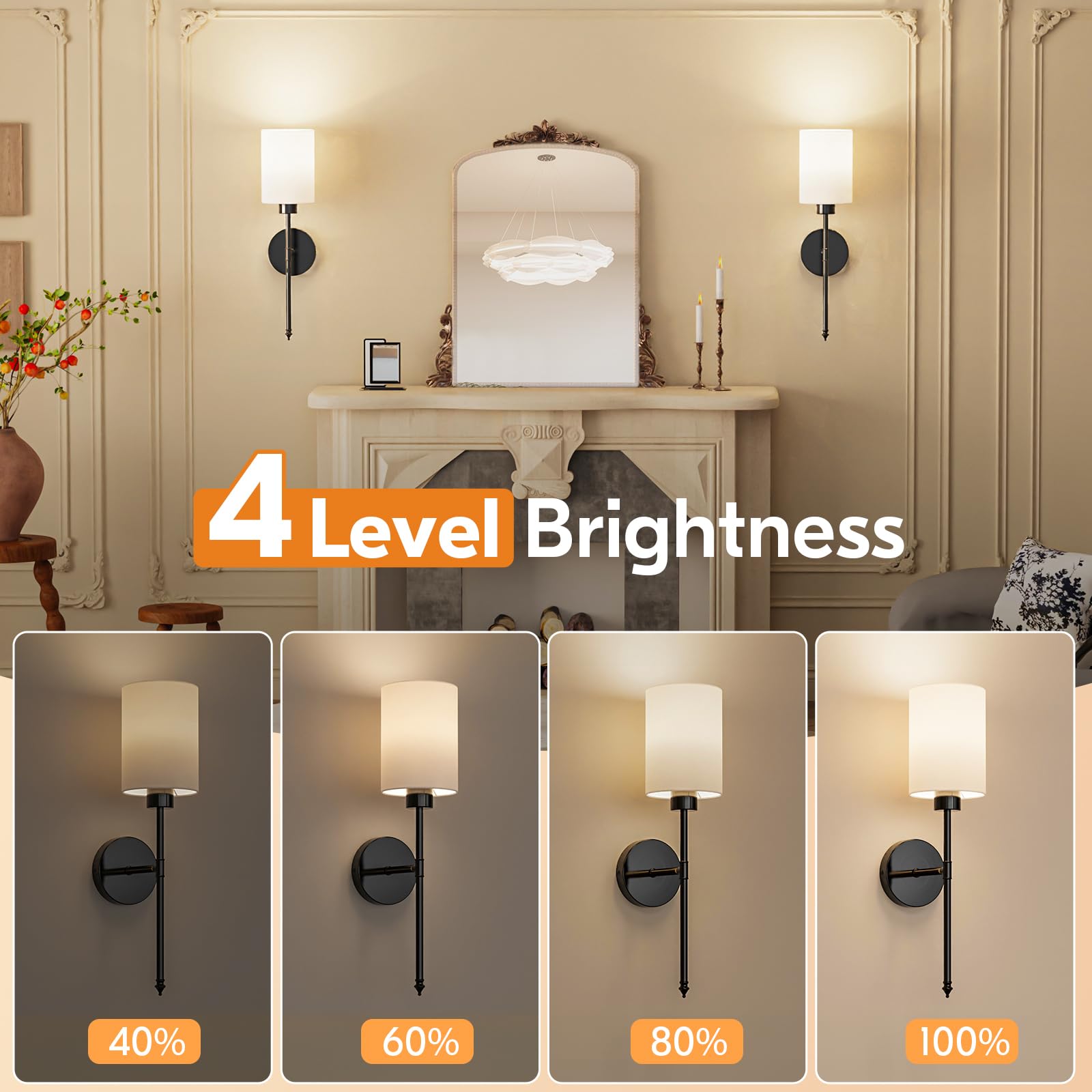 NIORSUN Battery Operated Wall Sconce Set of 2, Black, 20.67" Iron Wireless Lights with Remote, Dimmable Detachable Bulbs, 9 Color Options