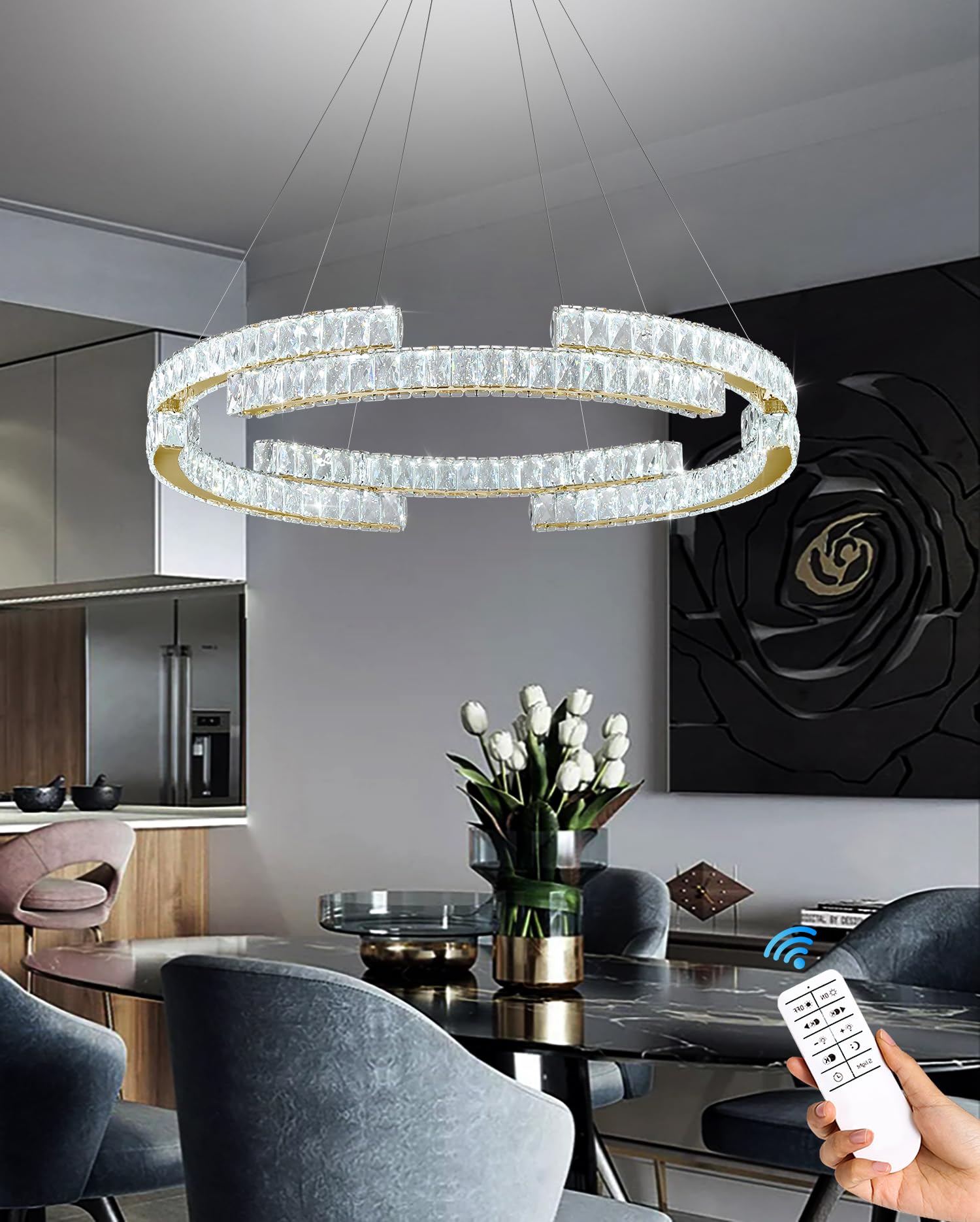 IDEQUY Modern Gold Crystal Ring Chandelier Pendant Light D24in Dimmable 3000k-6000k Stainless Steel & Crystal