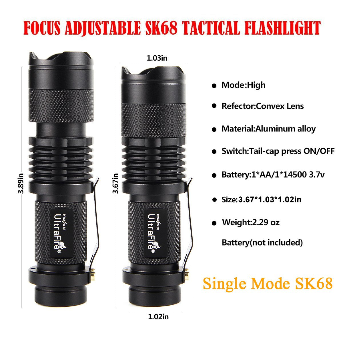 ULTRAFIRE Mini Flashlights 3 Pack, 300 Lumens, Adjustable Focus, Tactical LED, Black, Aluminum, Model 4347499920