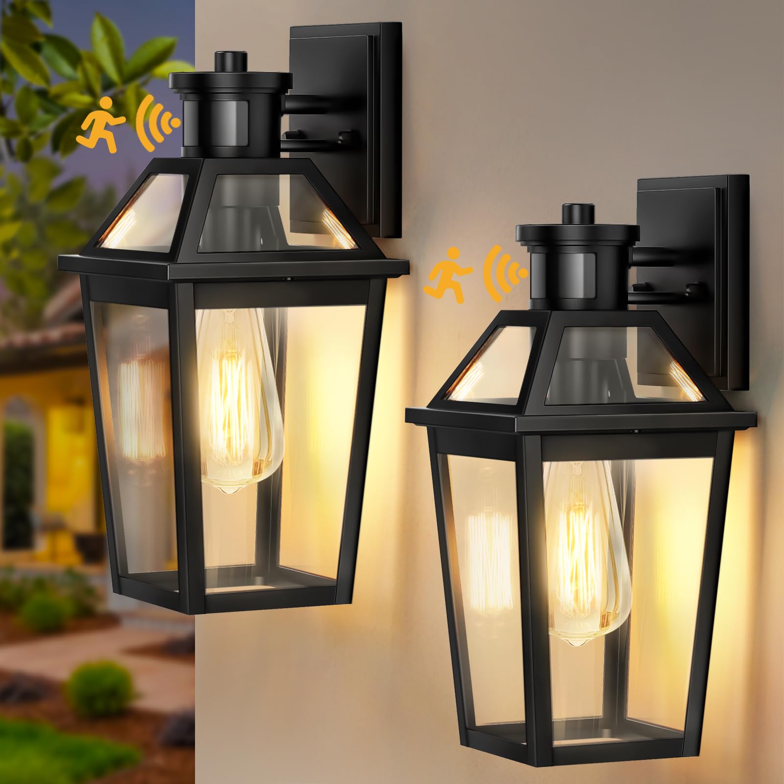 Slypadan Outdoor Wall Lights, Motion Sensor Dusk to Dawn, 2 Pack, Black, Model XBSJ02, Anti-Rust Sconce, No Bulb Included
