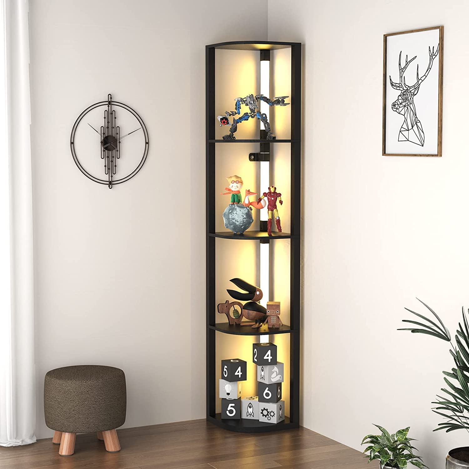 VTRIN Corner Shelf - 5-Tier Black Engineered Wood Bookshelf with Light for Living Room and Bedroom Storage