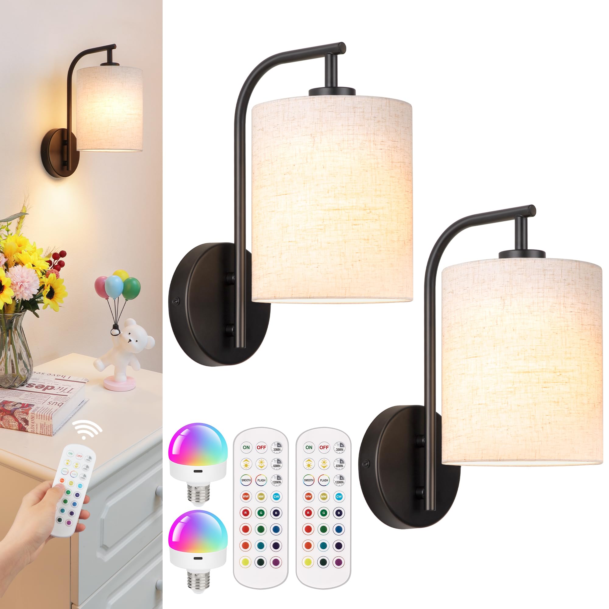 MATAMEYE Battery Operated Wall Sconce Set of 2, Black Rechargeable Wireless Wall Light Fixture with Remote, 12 RGB Colors & Time
