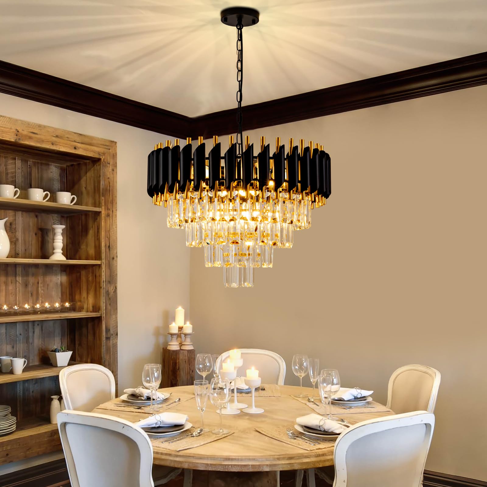 Aixialin Modern Chandelier - Gold And Black 4-Tier Crystal Round Hanging Pendant 7-Light Fixture For Dining, Bedroom, Living Roo