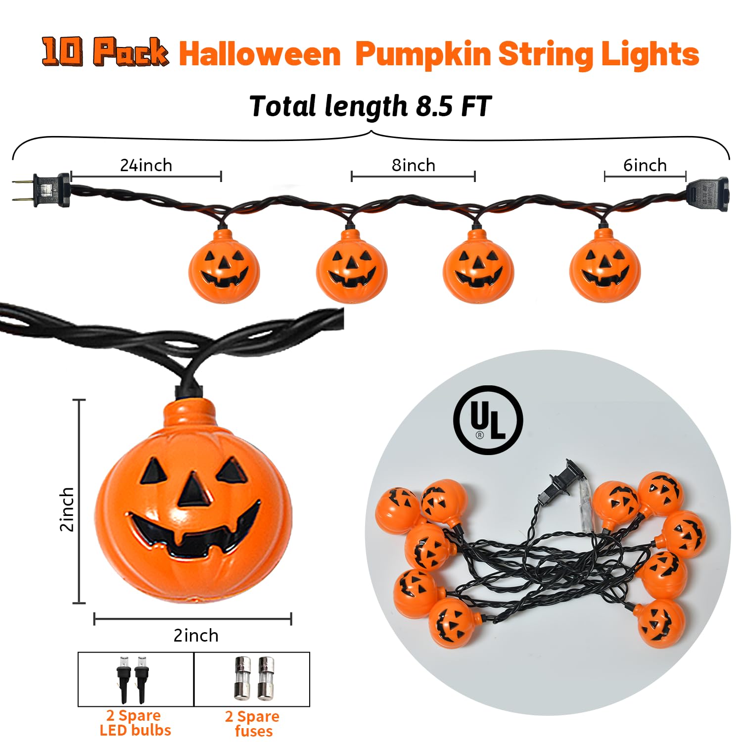 Sotopoo Halloween Led Pumpkin Lights - 8.5Ft Jack O Lantern Pumpkin String Lights With 10 Led Jack O Lantern Lights, For Indoor Outdoor Halloween Decorations For Home Party Yard Patio Tree, 0.48W