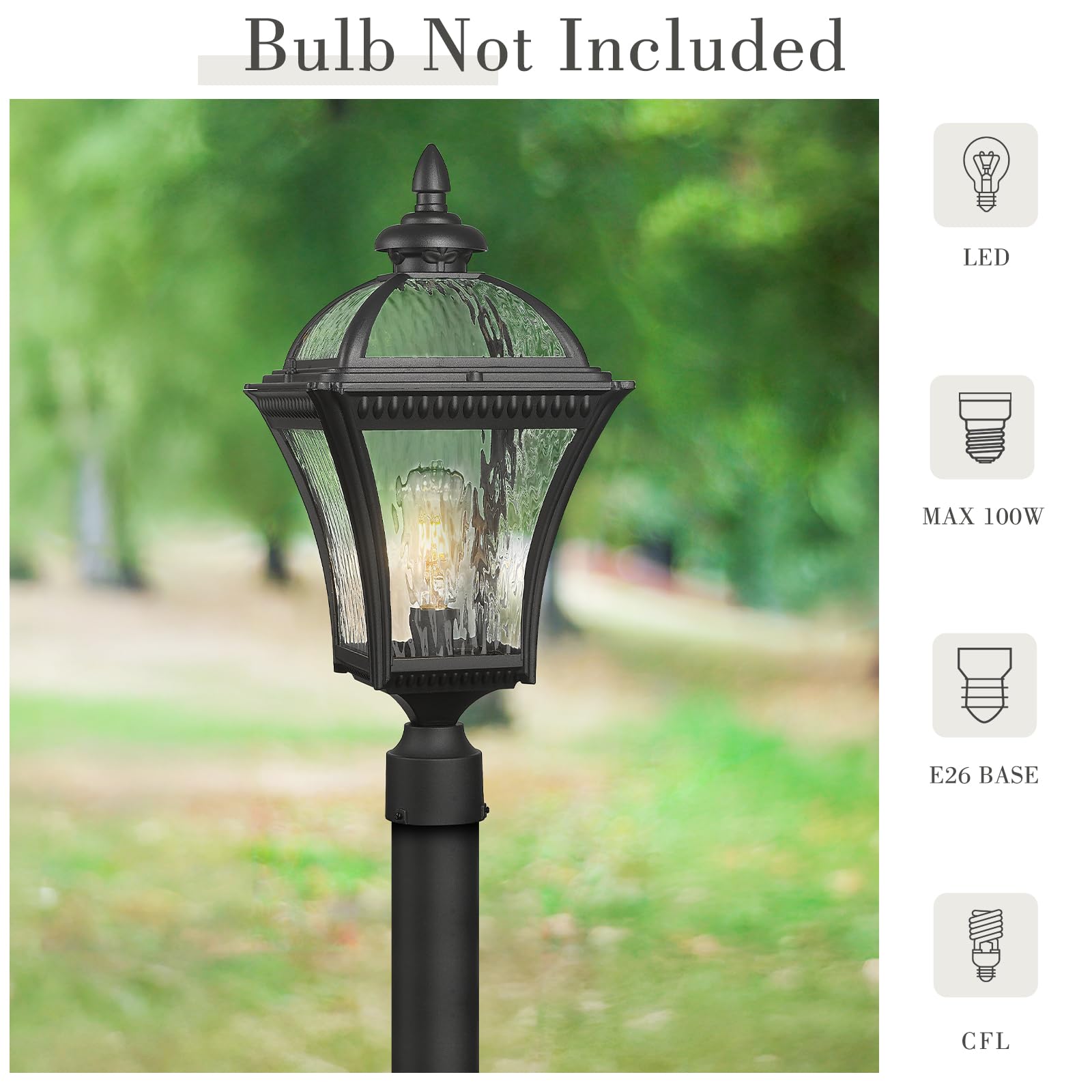 Emliviar 22'' Outdoor Lighting For Post, Black Exterior Lamp Post Light Fixture For Yard, Aluminum Pillar Light With Water Rippl