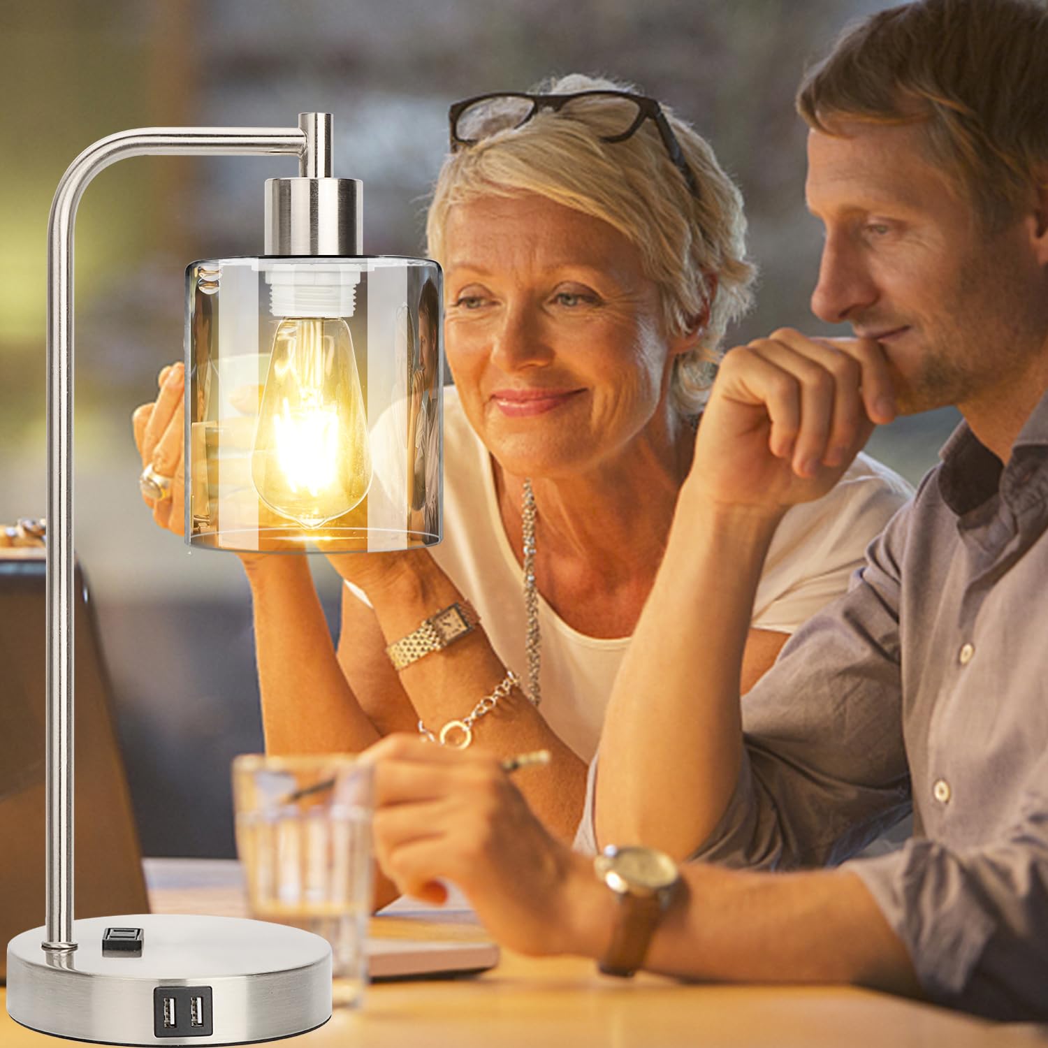 Industrial Touch Control Table Lamps Set Of 2 - Brushed Nickel Nightstand Bedside Lamps With 2 Usb Ports & Ac Outlet, 3-Way Dimm