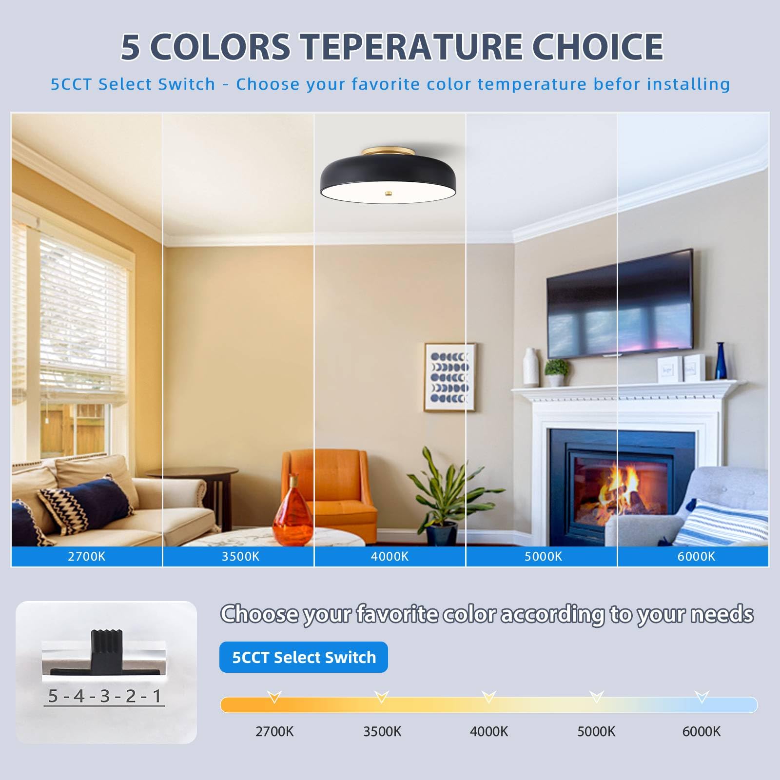 Dimmable Modern Led Ceiling Light,Mid-Century Black And Gold Semi Flush Mount Ceiling Light , With Acrylic Shade, 5Cct 2700K-600