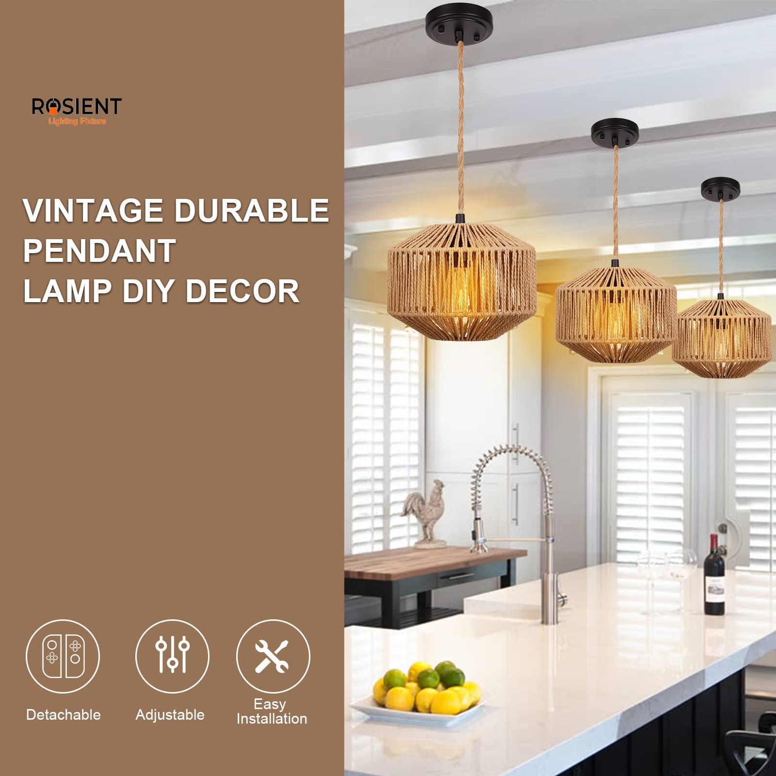 Rosient Rattan Woven Pendant Lamp - 9.2&quot; Natural Coastal Rope Light Fixture For Home Decor