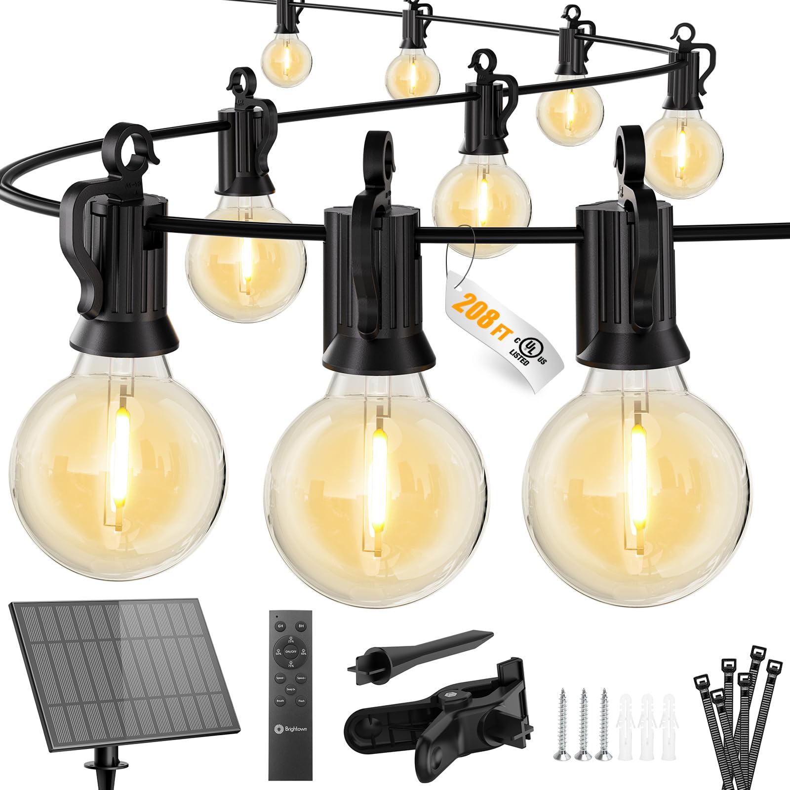 Brightown 208FT Solar String Lights Outdoor with Remote and 102 LED Shatterproof Bulbs, Dimmable & Timable, 3 Light Modes, Solar