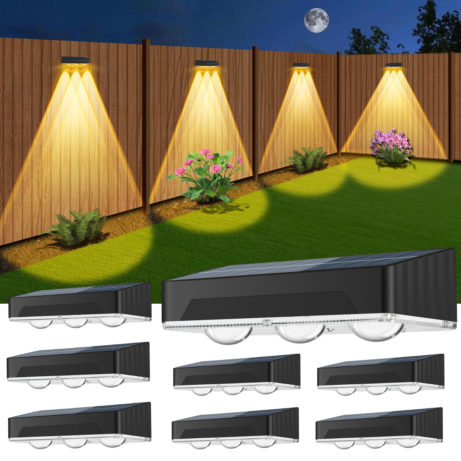Solar Fence Lights Outdoor 8 Pack Upgraded High Brightness 3 Led Spot Lens Waterproof Deck Lights 7 Mode Warm & Cool White Rgb S