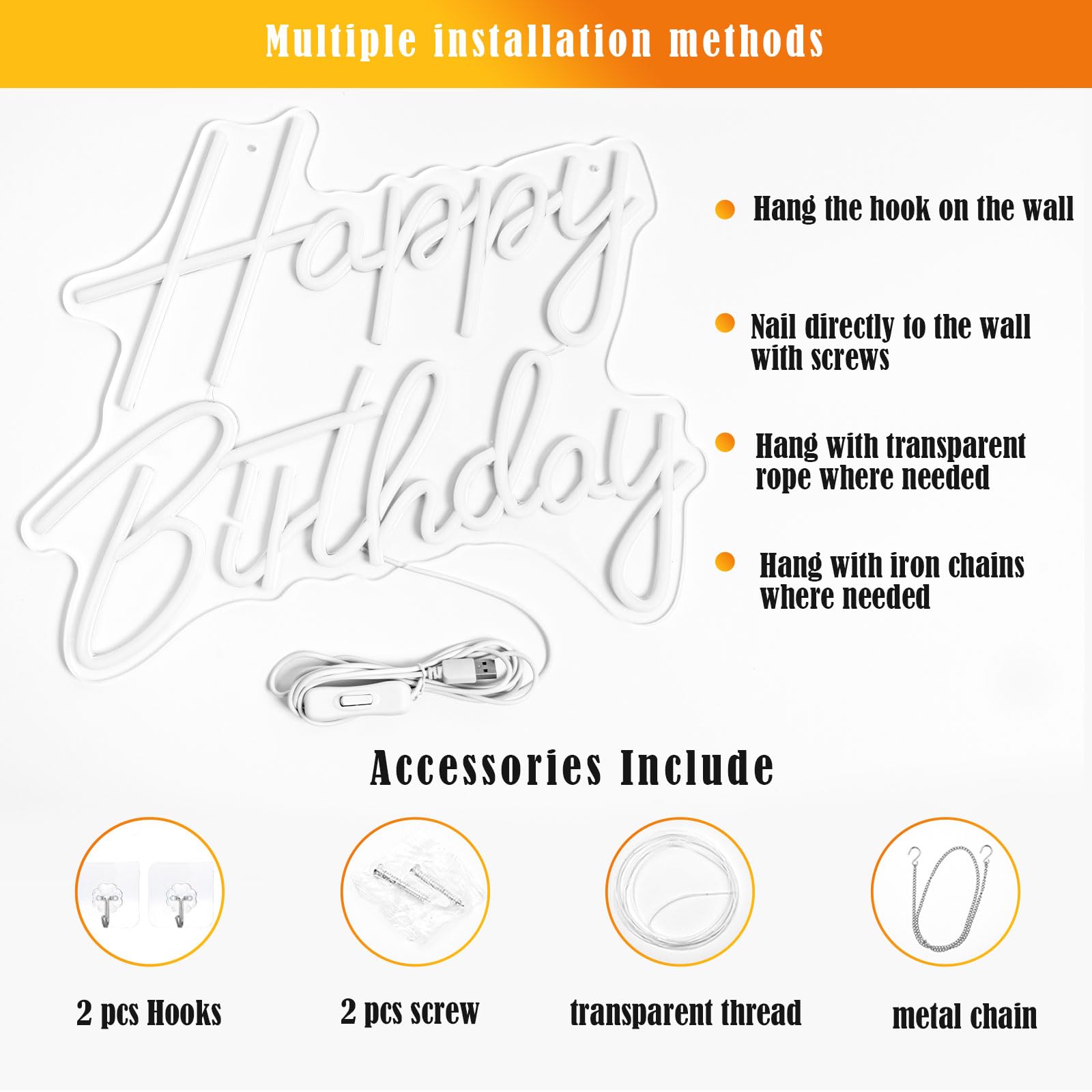 Gevbay LED Neon Happy Birthday Sign for Wall Decor, Warm White, 15.82 x 13.02 Inches, Model GC-2401020-2, USB Powered